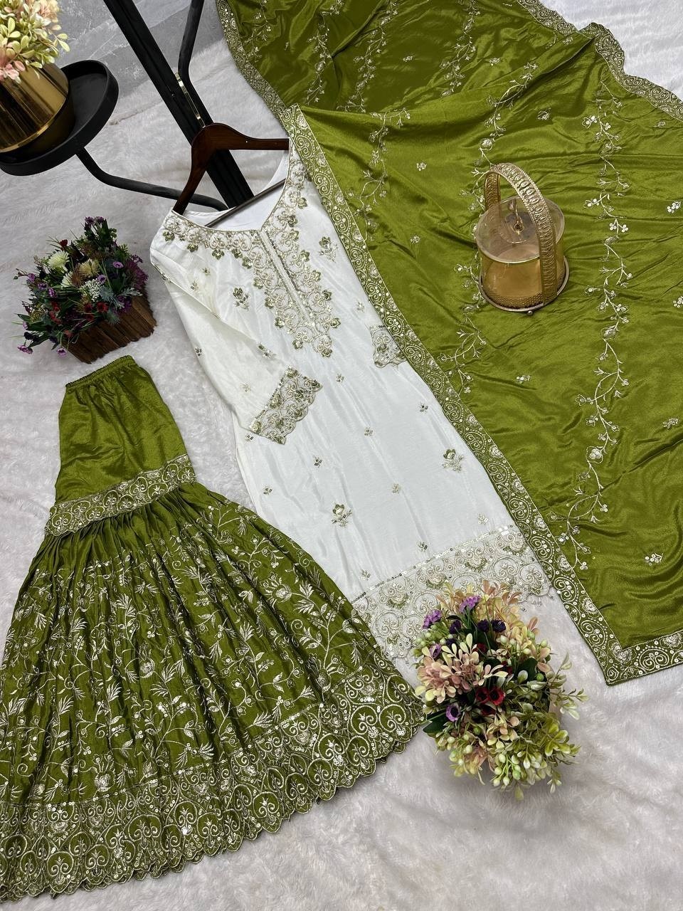 Wholesale Off-White Sharara Suit: Heavy Embroidery Kurti Rust Dupatta Factory Price