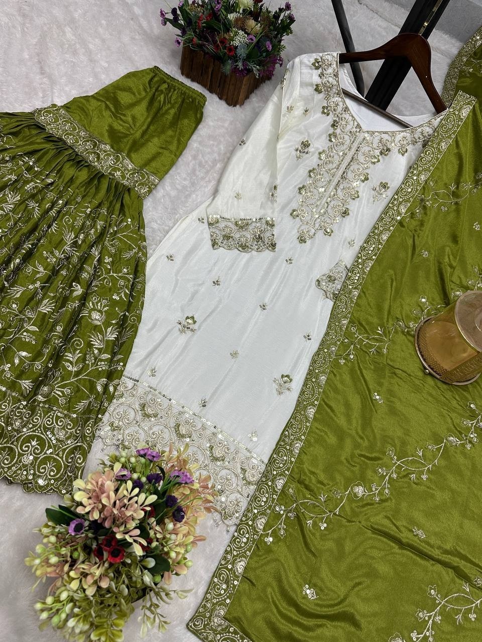 Wholesale Off-White Sharara Suit: Heavy Embroidery Kurti Rust Dupatta Factory Price