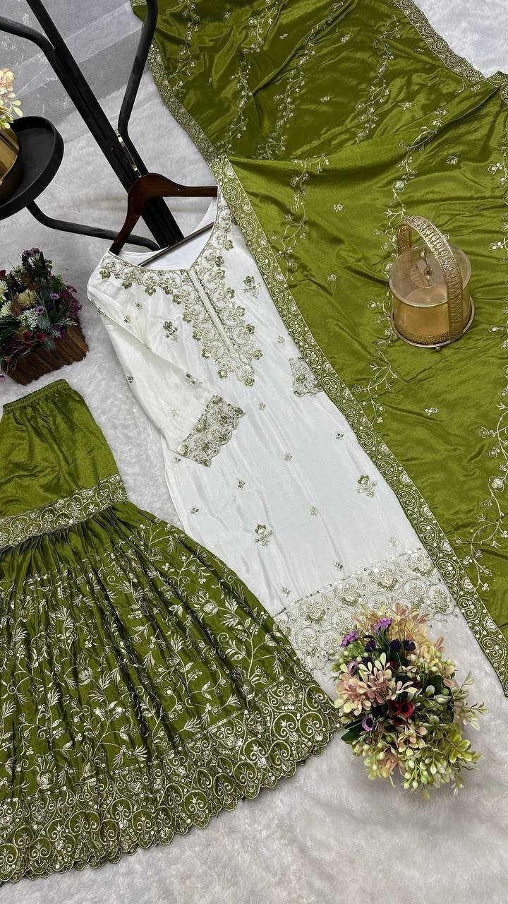 Wholesale Off-White Sharara Suit: Heavy Embroidery Kurti Rust Dupatta Factory Price