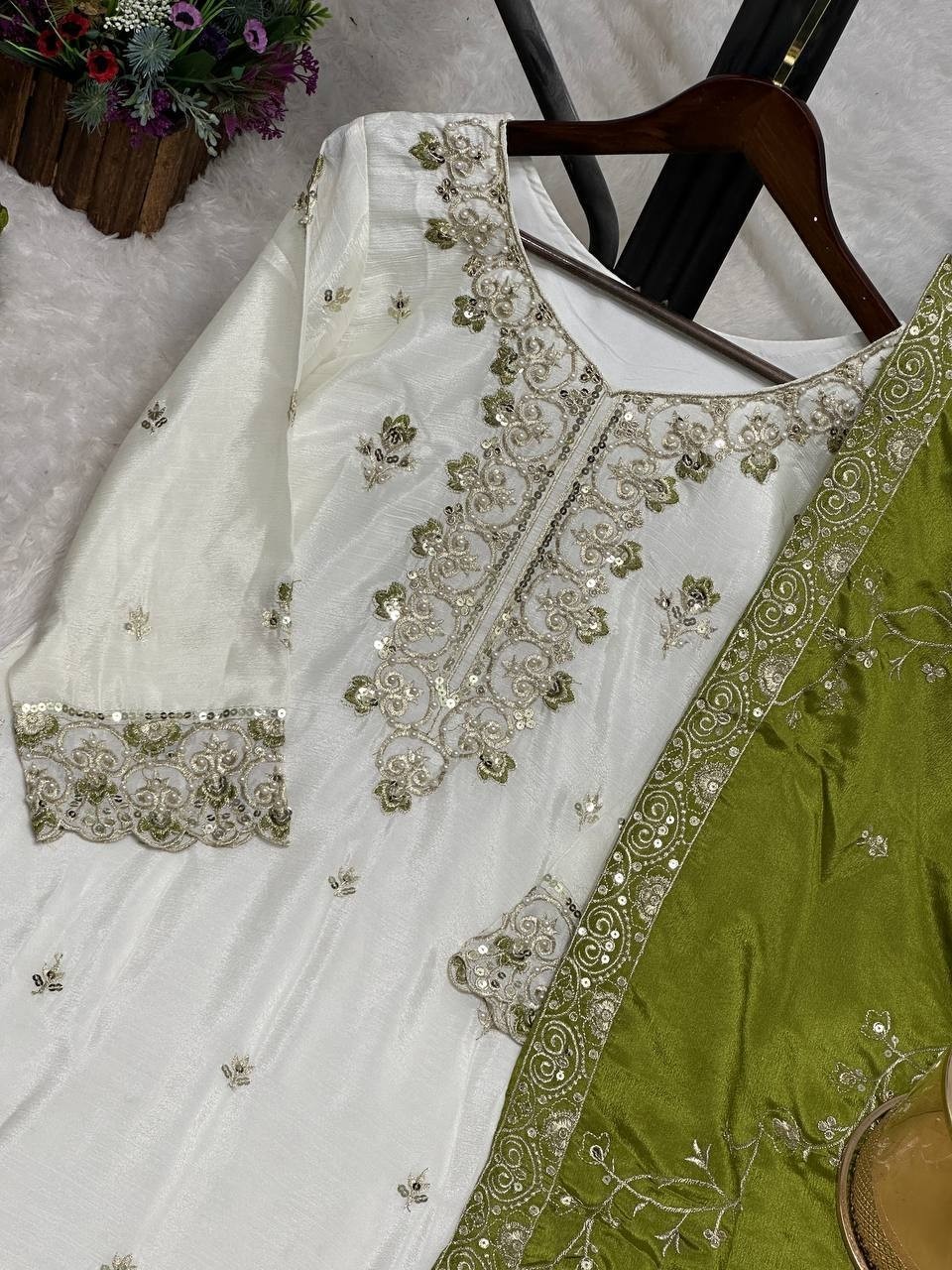 Wholesale Off-White Sharara Suit: Heavy Embroidery Kurti Rust Dupatta Factory Price