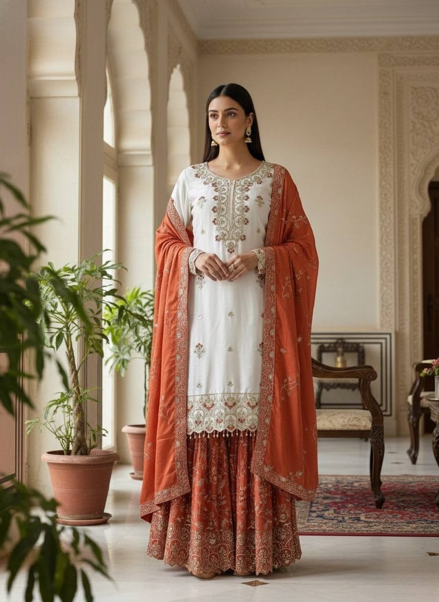 Wholesale Off-White Sharara Suit: Heavy Embroidery Kurti Rust Dupatta Factory Price