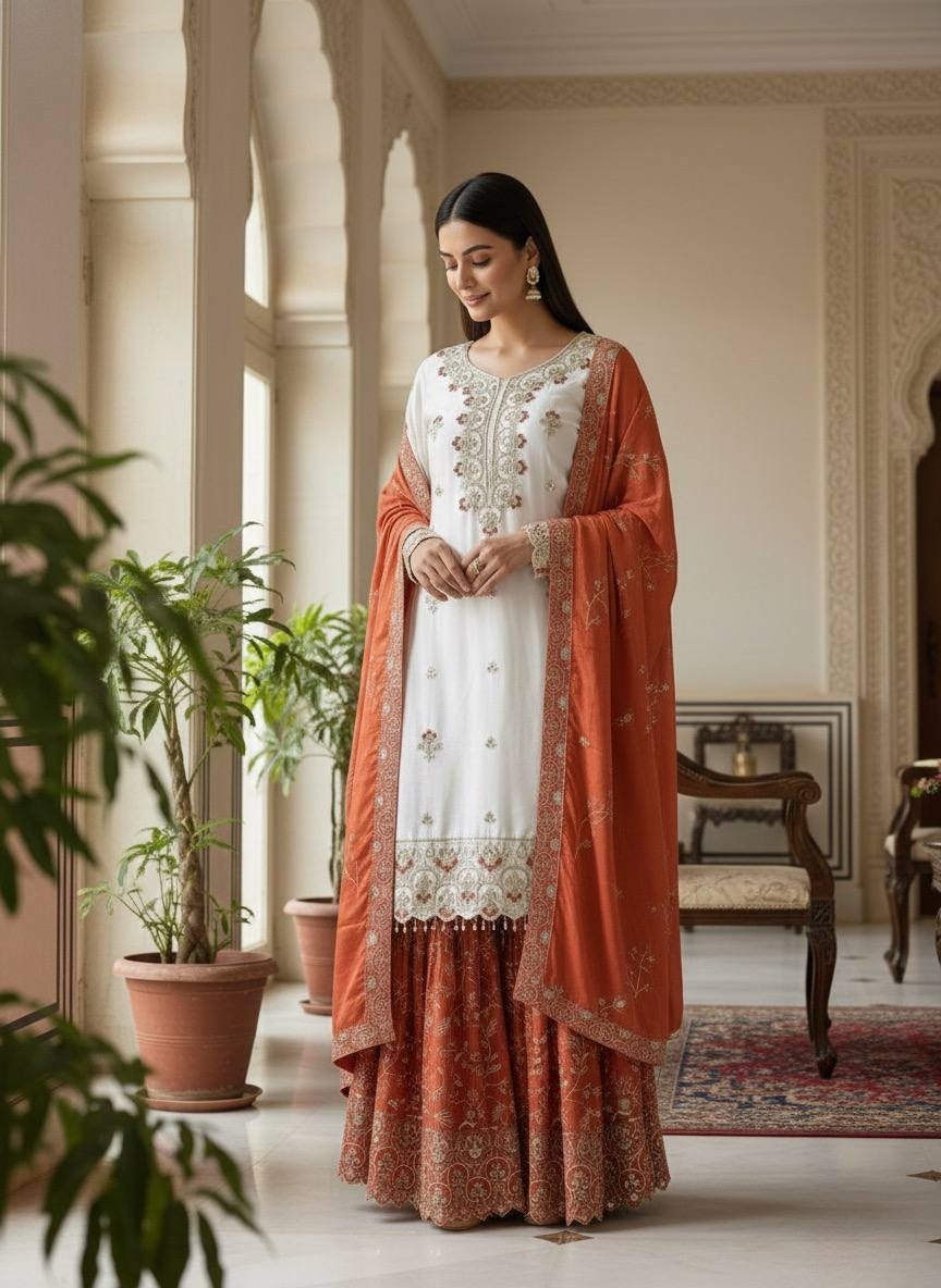Wholesale Off-White Sharara Suit: Heavy Embroidery Kurti Rust Dupatta Factory Price