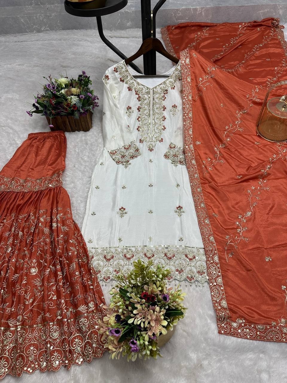 Wholesale Off-White Sharara Suit: Heavy Embroidery Kurti Rust Dupatta Factory Price