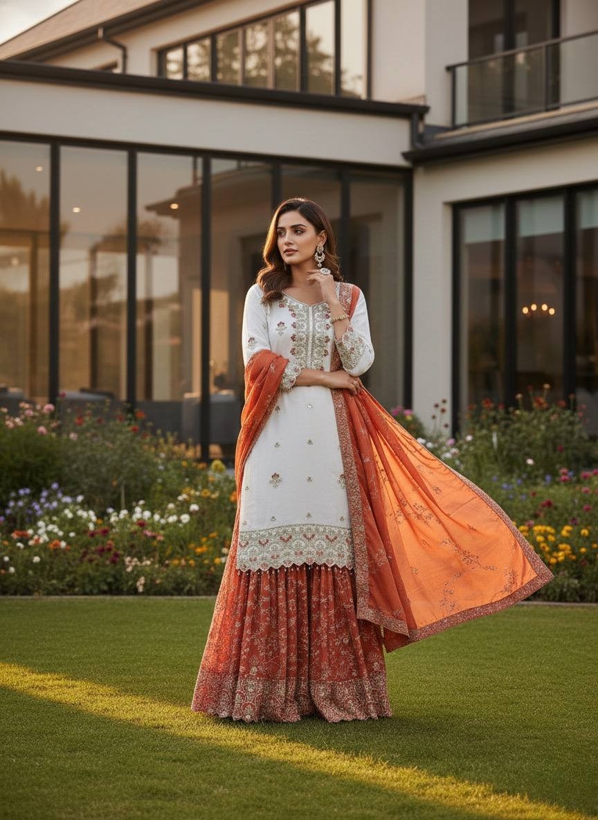 Wholesale Off-White Sharara Suit: Heavy Embroidery Kurti Rust Dupatta Factory Price