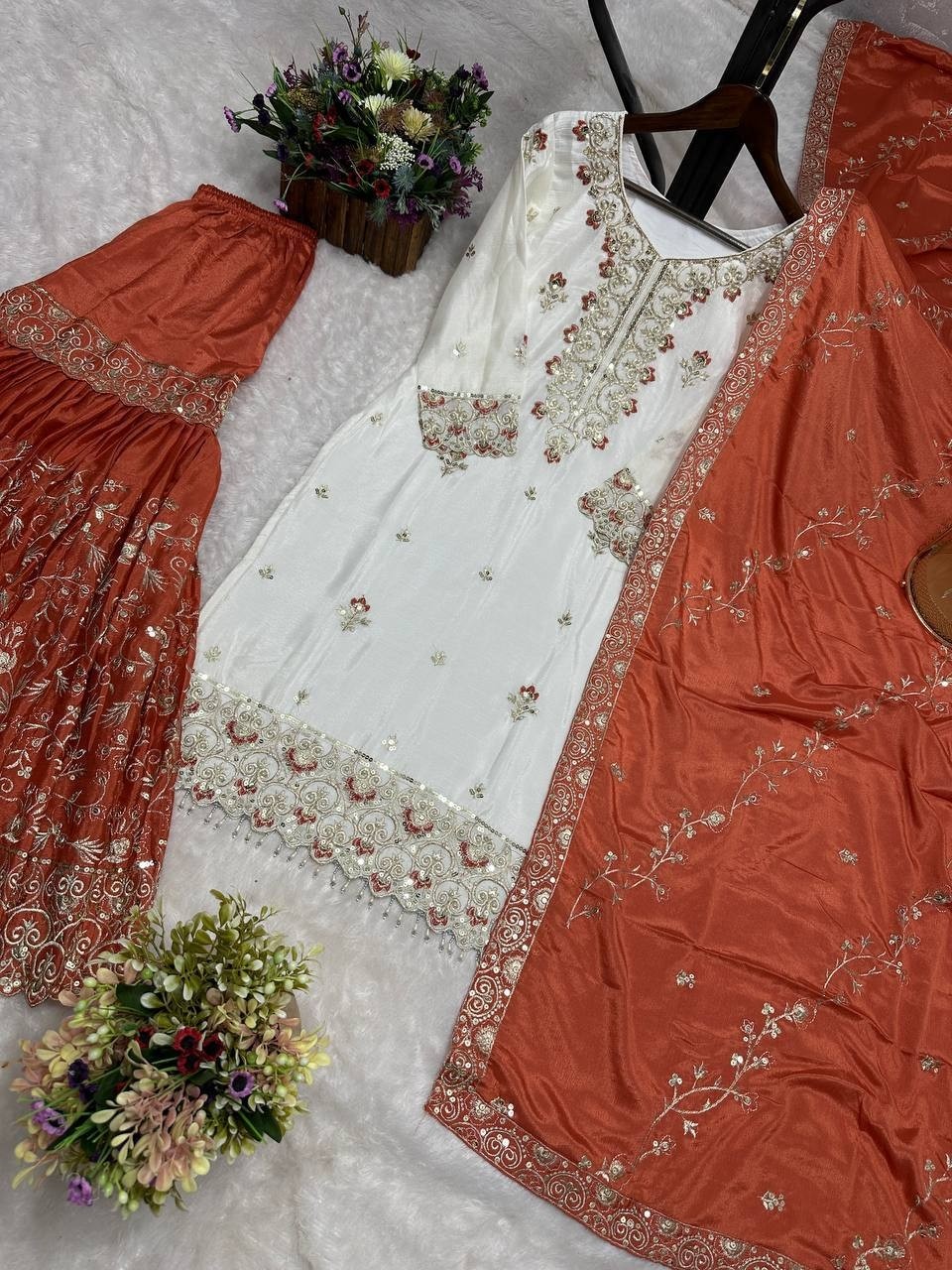 Wholesale Off-White Sharara Suit: Heavy Embroidery Kurti Rust Dupatta Factory Price