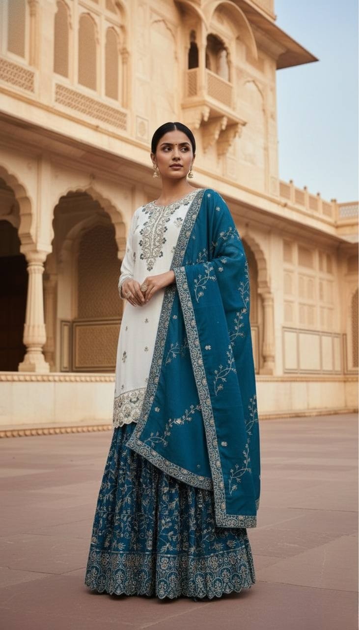 Wholesale Off-White Sharara Suit: Heavy Embroidery Kurti Rust Dupatta Factory Price