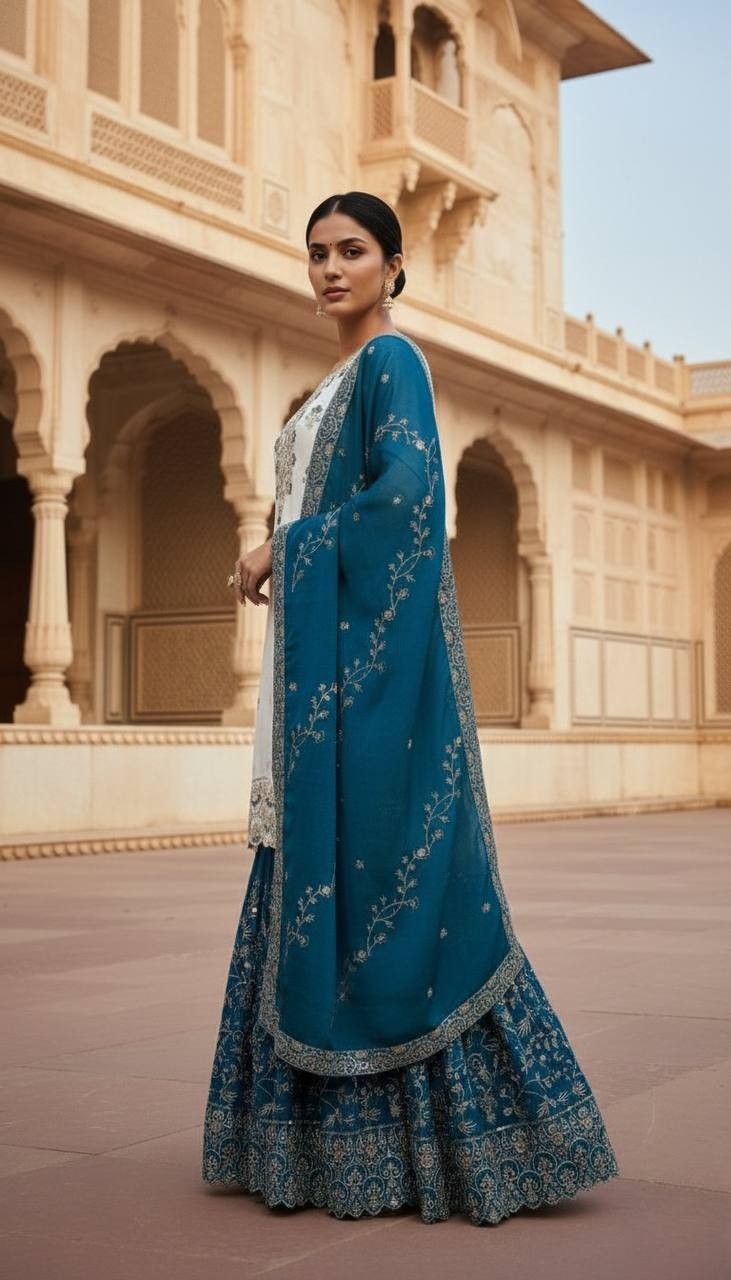 Wholesale Off-White Sharara Suit: Heavy Embroidery Kurti Rust Dupatta Factory Price