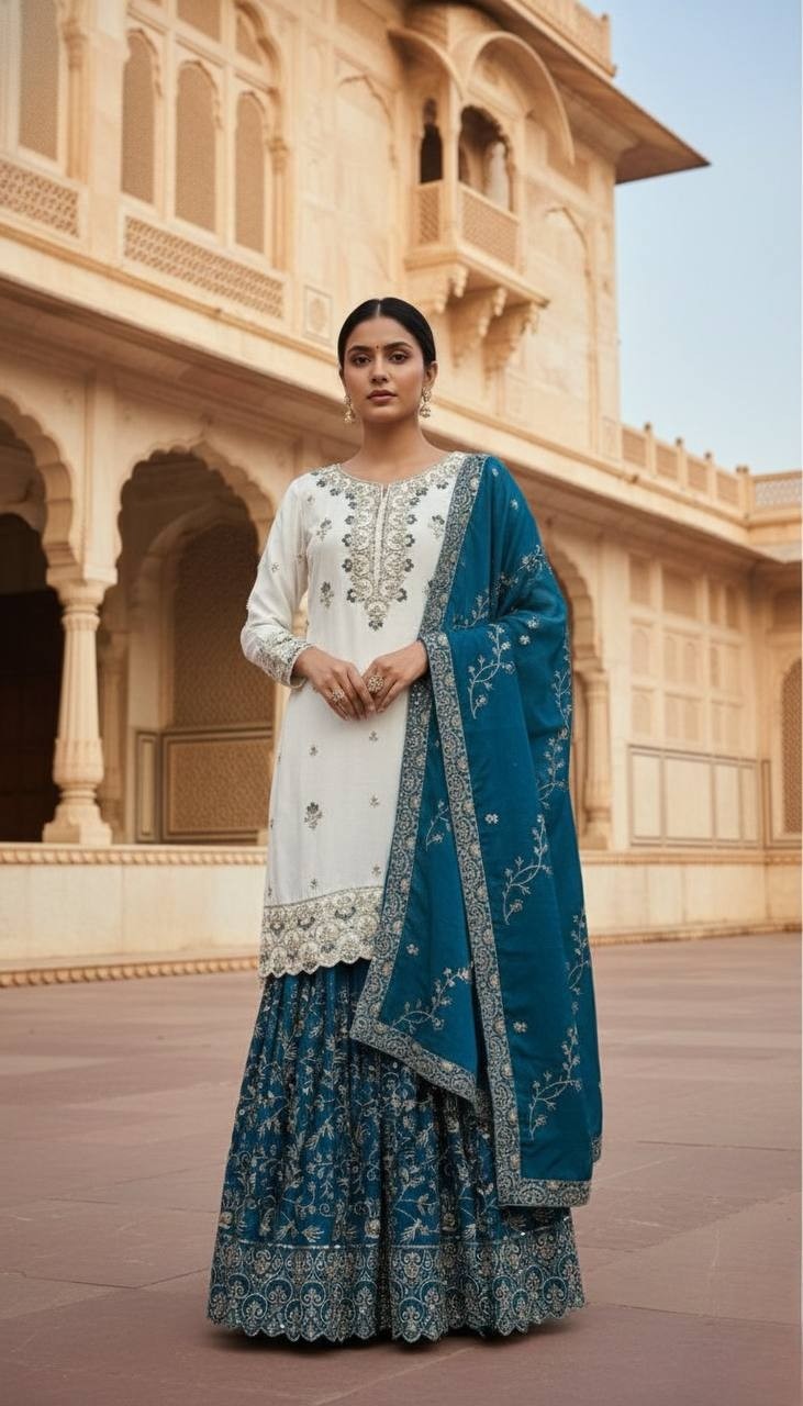 Wholesale Off-White Sharara Suit: Heavy Embroidery Kurti Rust Dupatta Factory Price