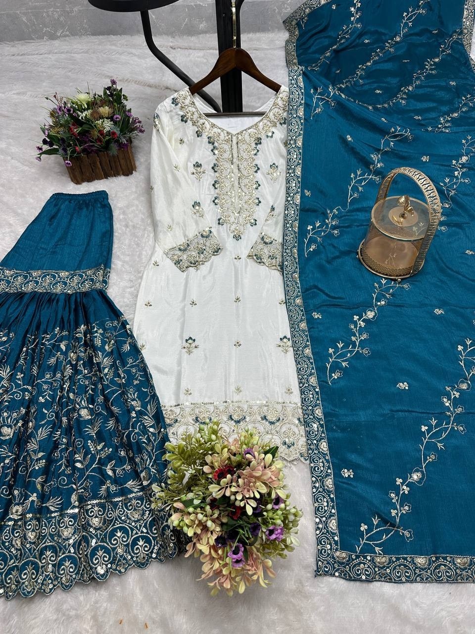 Wholesale Off-White Sharara Suit: Heavy Embroidery Kurti Rust Dupatta Factory Price