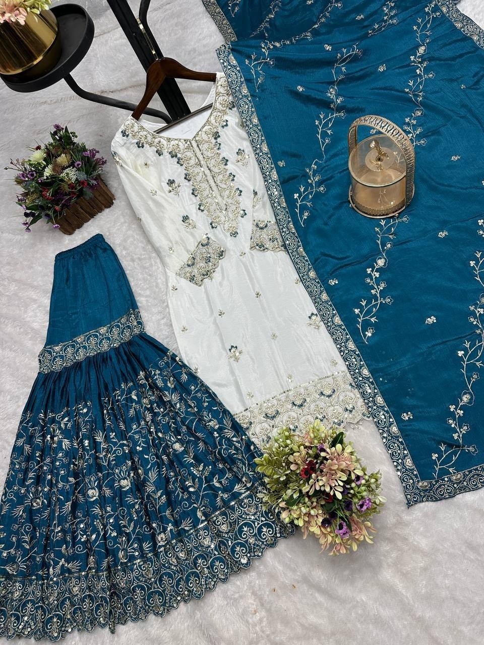 Wholesale Off-White Sharara Suit: Heavy Embroidery Kurti Rust Dupatta Factory Price