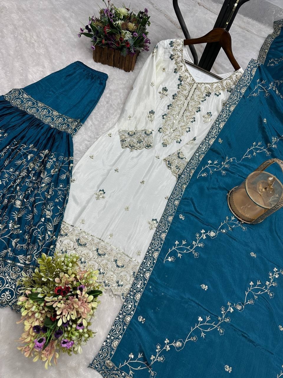 Wholesale Off-White Sharara Suit: Heavy Embroidery Kurti Rust Dupatta Factory Price