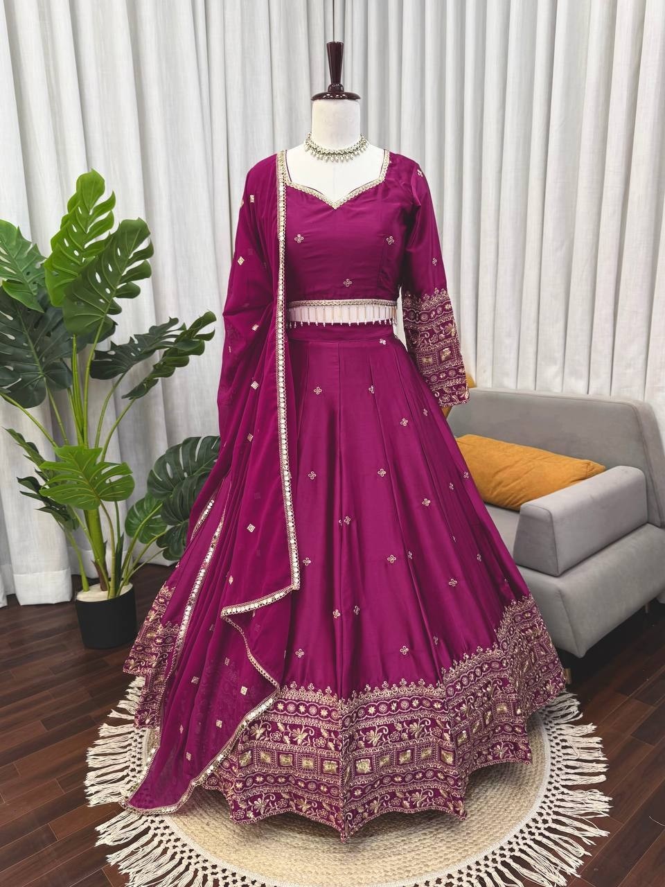Wedding Special Wine Lehenga Full Flare Silk Fabric sathe Designer Blouse Work