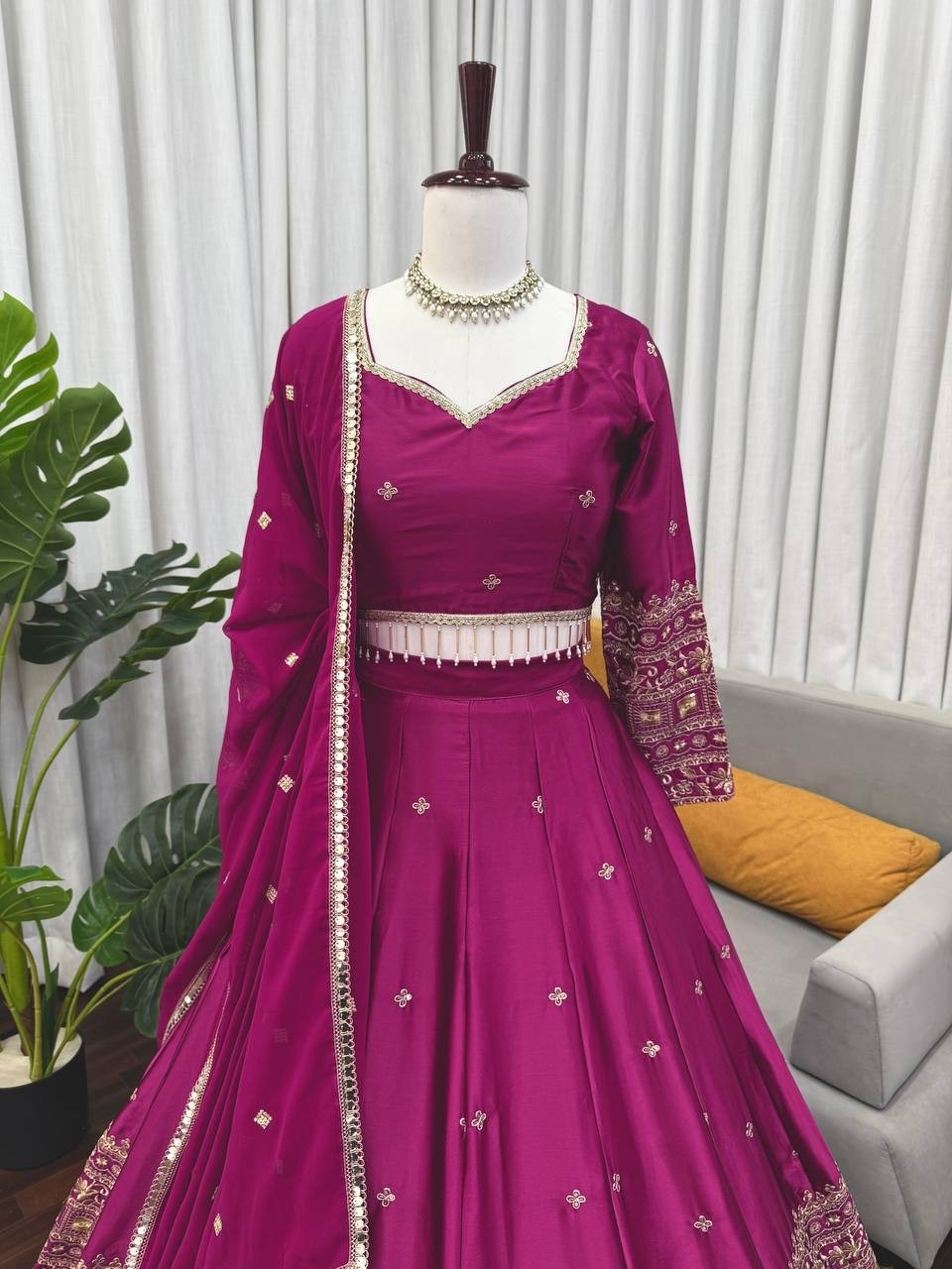 Wedding Special Wine Lehenga Full Flare Silk Fabric sathe Designer Blouse Work