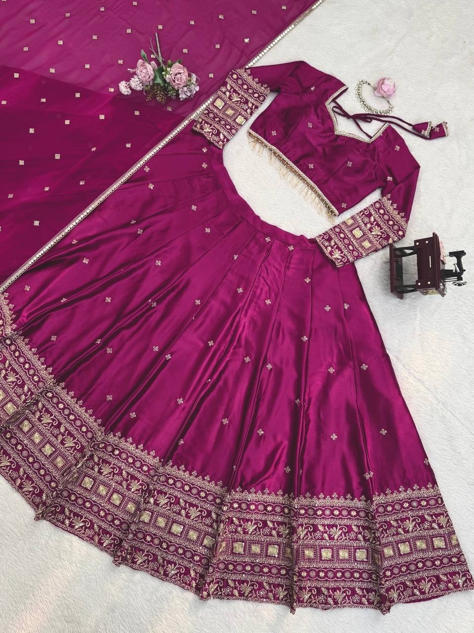 Wedding Special Wine Lehenga Full Flare Silk Fabric sathe Designer Blouse Work