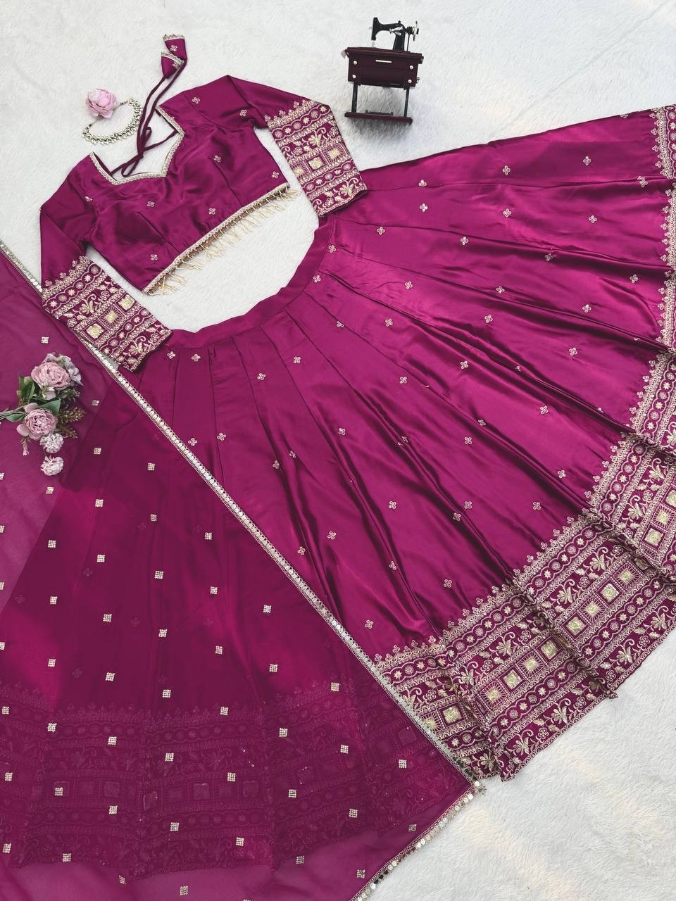 Wedding Special Wine Lehenga Full Flare Silk Fabric sathe Designer Blouse Work
