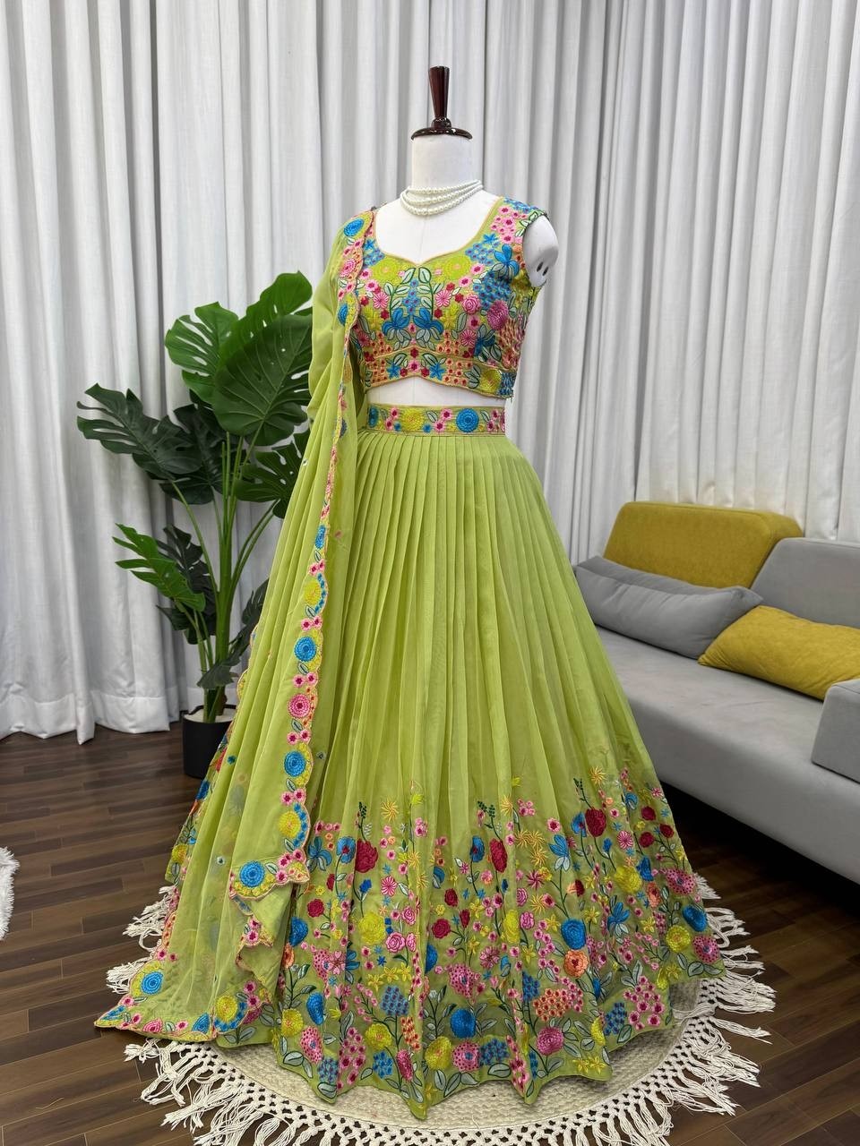 Floral Bloom Lehenga: Vibrant Pista Green Georgette with Colorful Thread Work 
