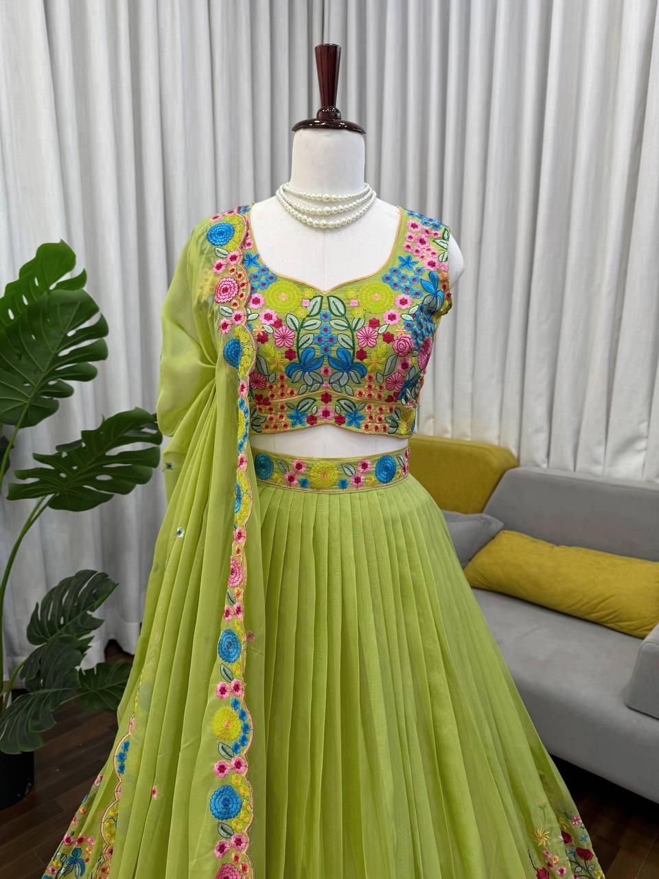Floral Bloom Lehenga: Vibrant Pista Green Georgette with Colorful Thread Work 