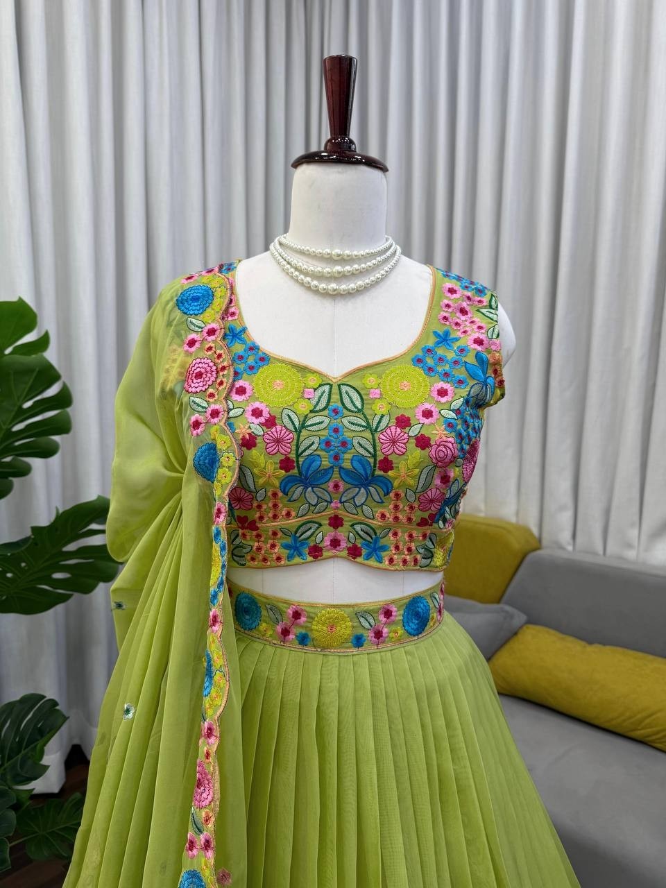 Floral Bloom Lehenga: Vibrant Pista Green Georgette with Colorful Thread Work 