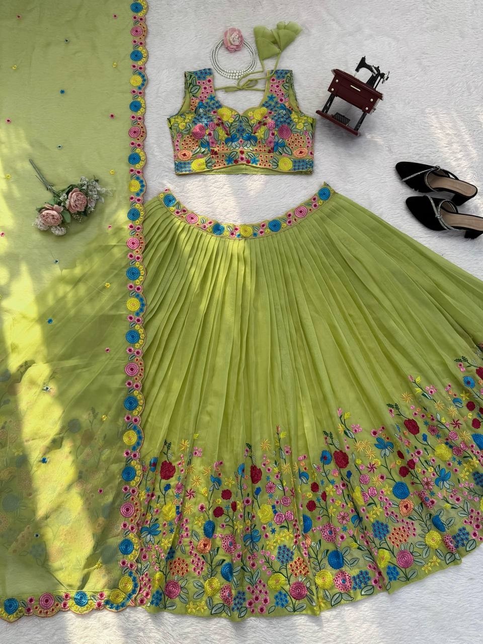 Floral Bloom Lehenga: Vibrant Pista Green Georgette with Colorful Thread Work 