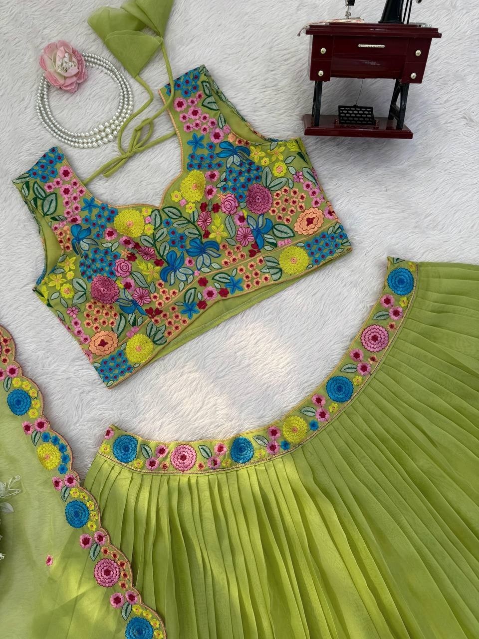 Floral Bloom Lehenga: Vibrant Pista Green Georgette with Colorful Thread Work 
