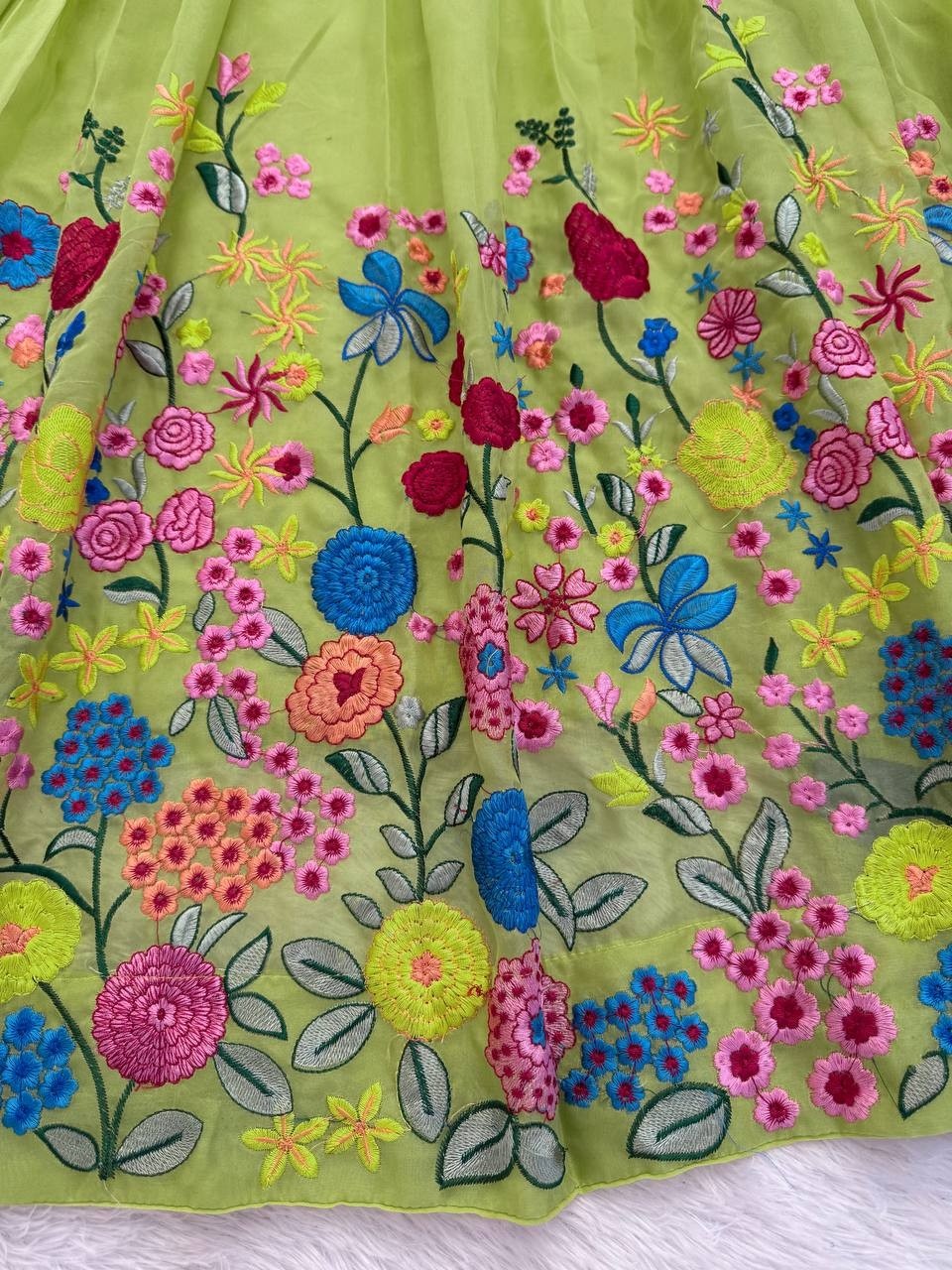 Floral Bloom Lehenga: Vibrant Pista Green Georgette with Colorful Thread Work 