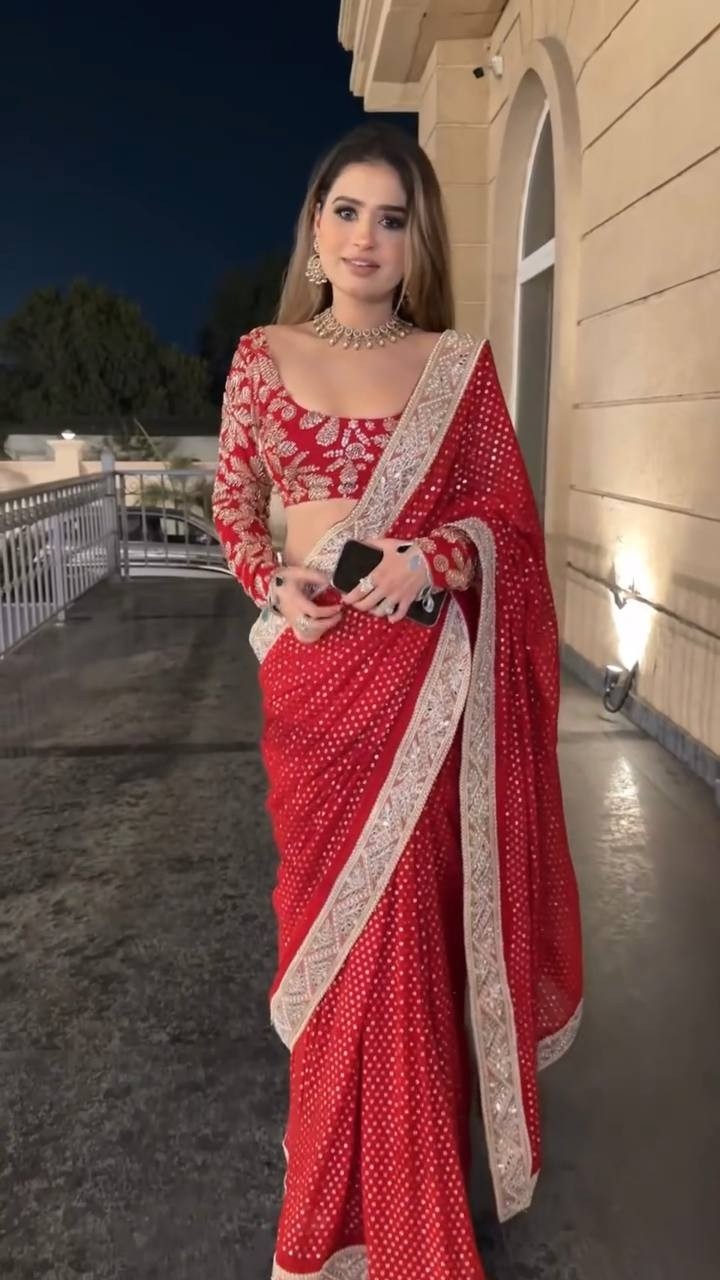 The Red Glamour Georgette Saree with Mirror-Work Lace - Perfect Wedding Look