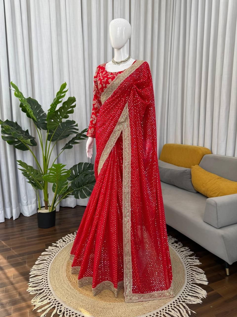 The Red Glamour Georgette Saree with Mirror-Work Lace - Perfect Wedding Look