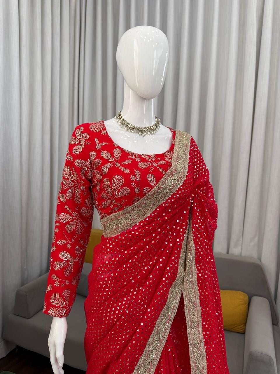 The Red Glamour Georgette Saree with Mirror-Work Lace - Perfect Wedding Look