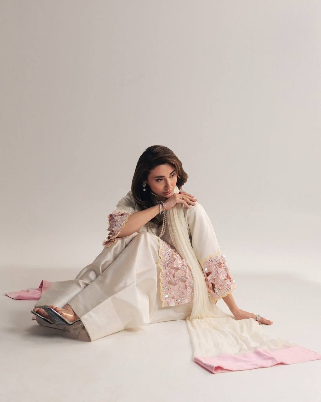 NSR 889 Elegant Pakistani Salwar Suit in Cream with Pink Embroidered Floral Work