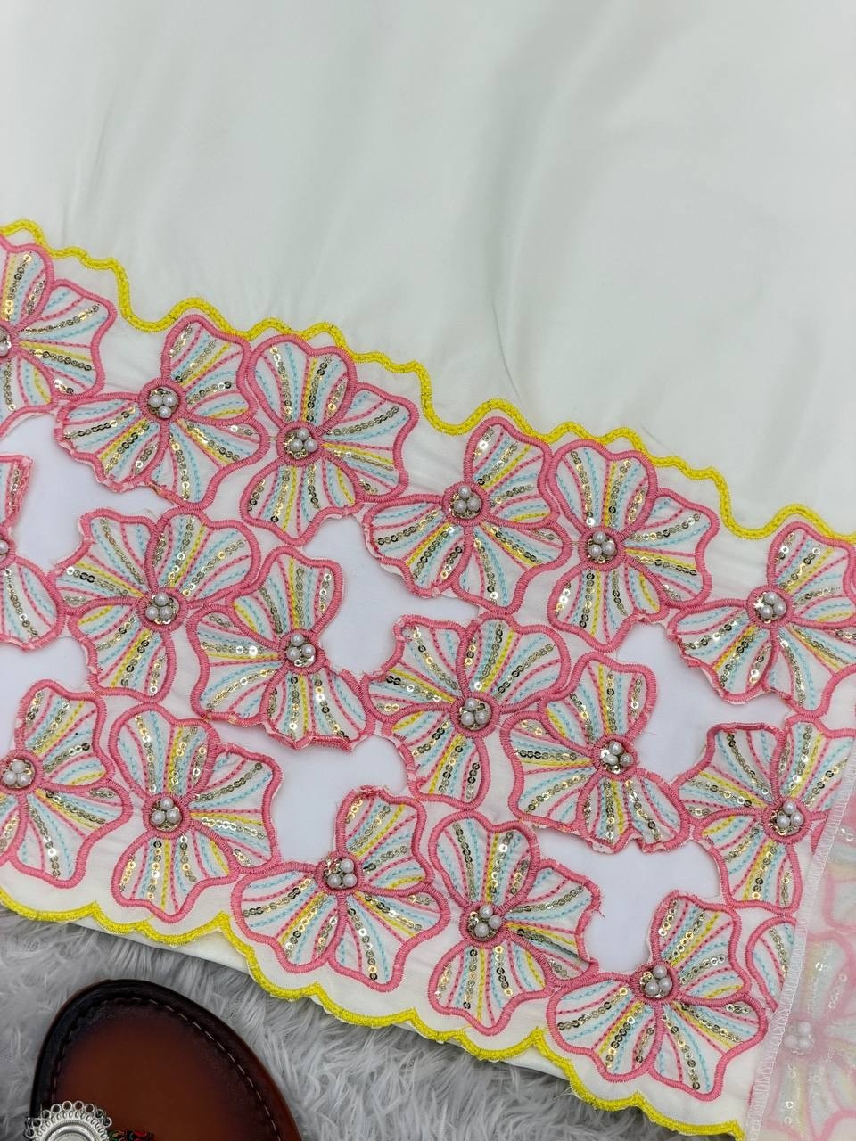 NSR 889 Elegant Pakistani Salwar Suit in Cream with Pink Embroidered Floral Work