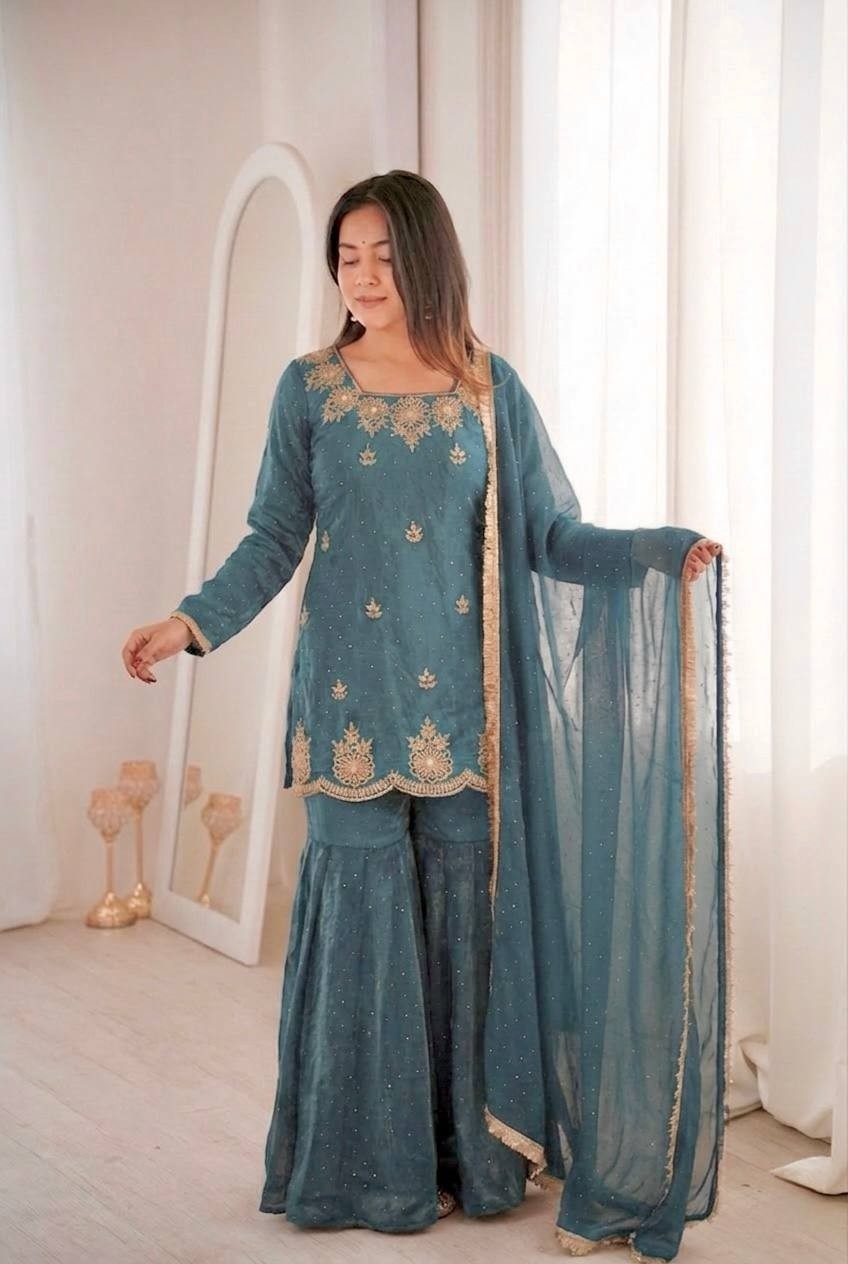 ZSR 3166 Designer Pakistani Salwar Suit Set with Heavy Embroidery and Sharara Style