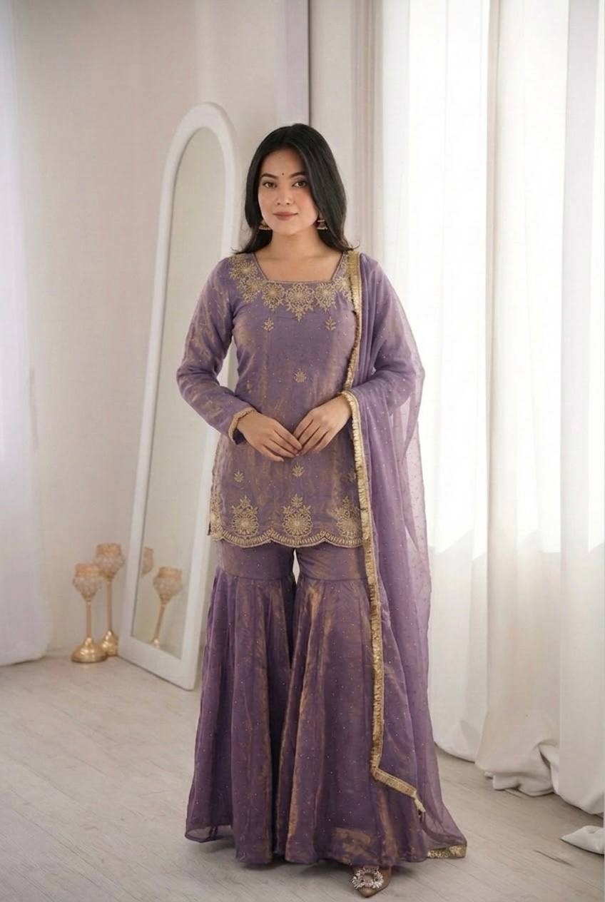 ZSR 3166 Designer Pakistani Salwar Suit Set with Heavy Embroidery and Sharara Style