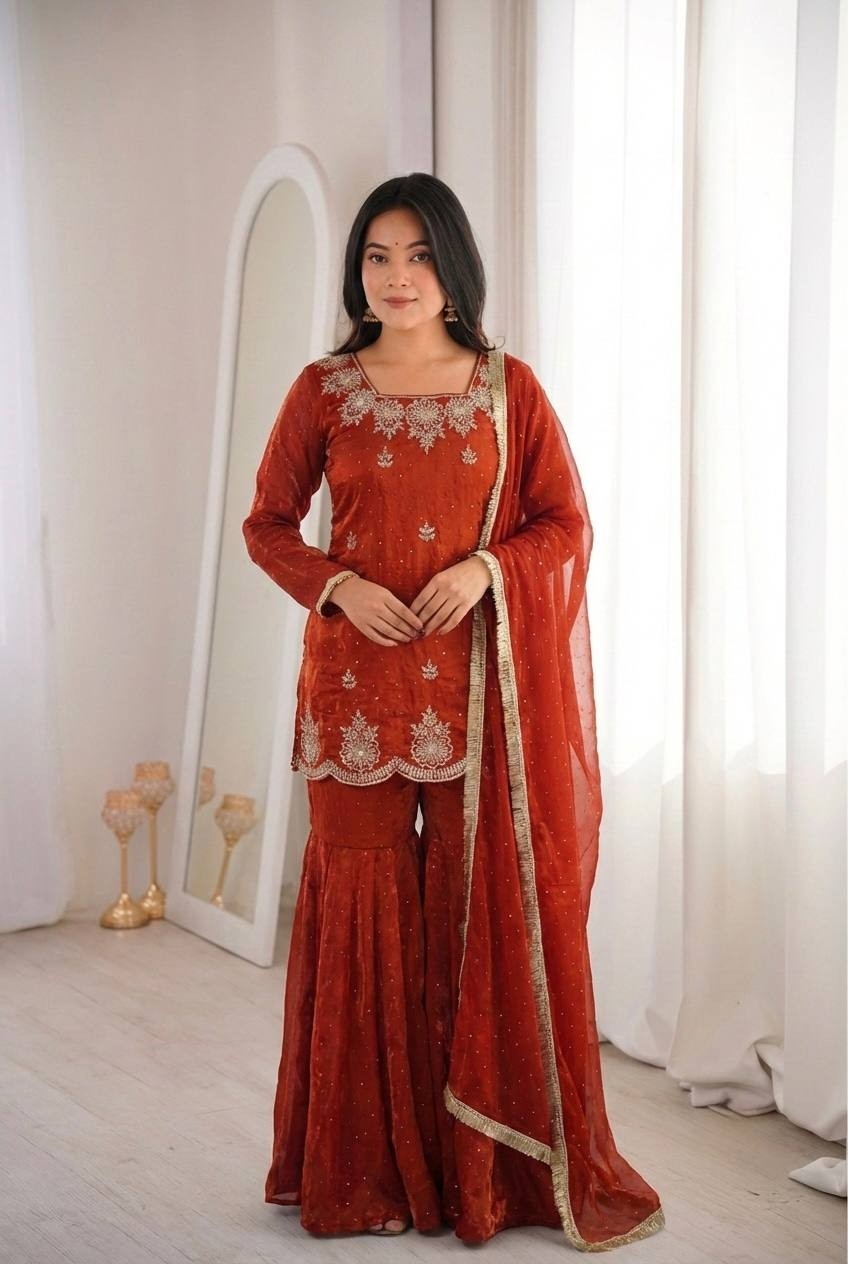 ZSR 3166 Designer Pakistani Salwar Suit Set with Heavy Embroidery and Sharara Style
