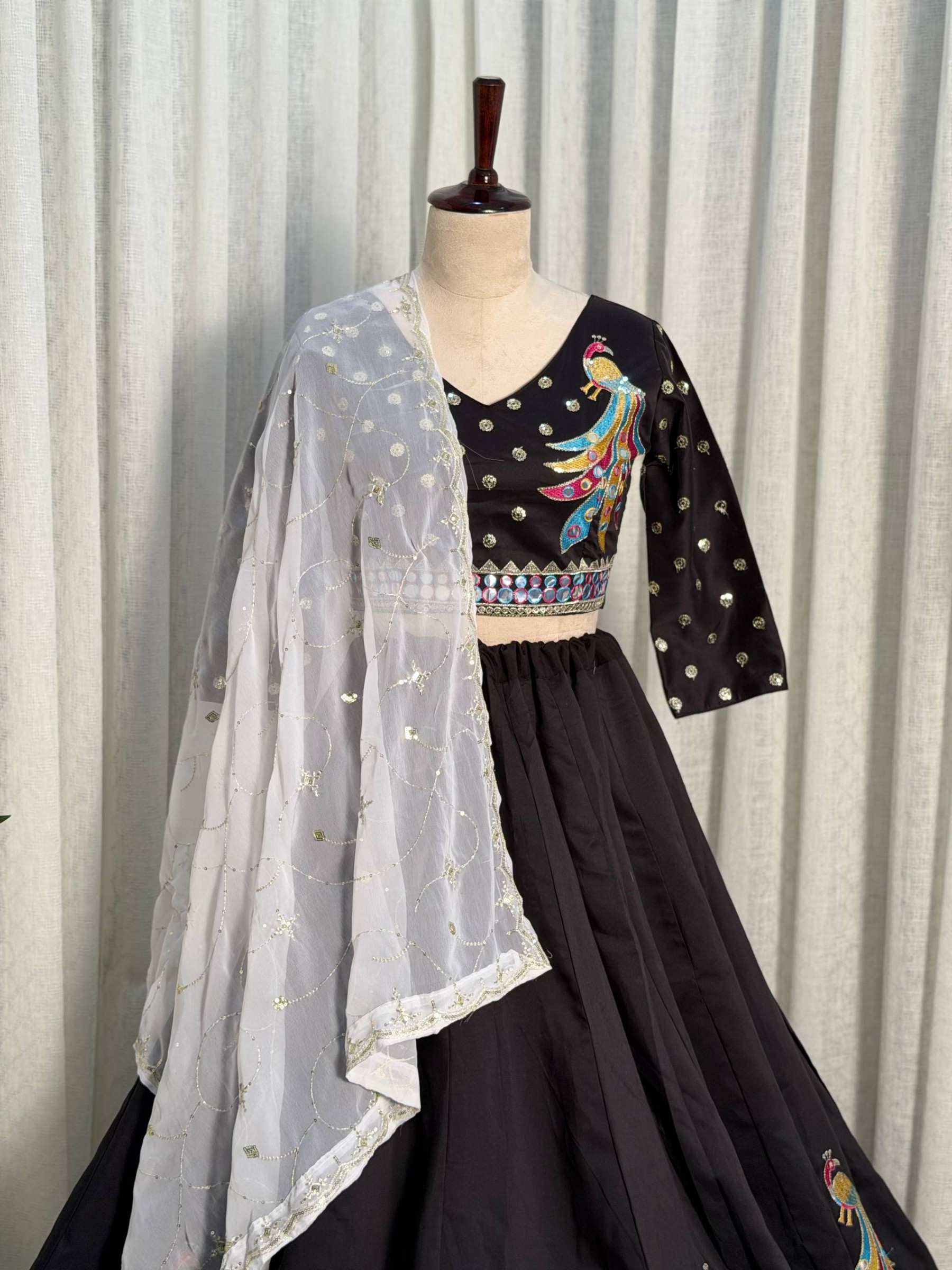 Premium Black Peacock Embroidered Lehenga Choli Set with Designer Net Dupatta for Women