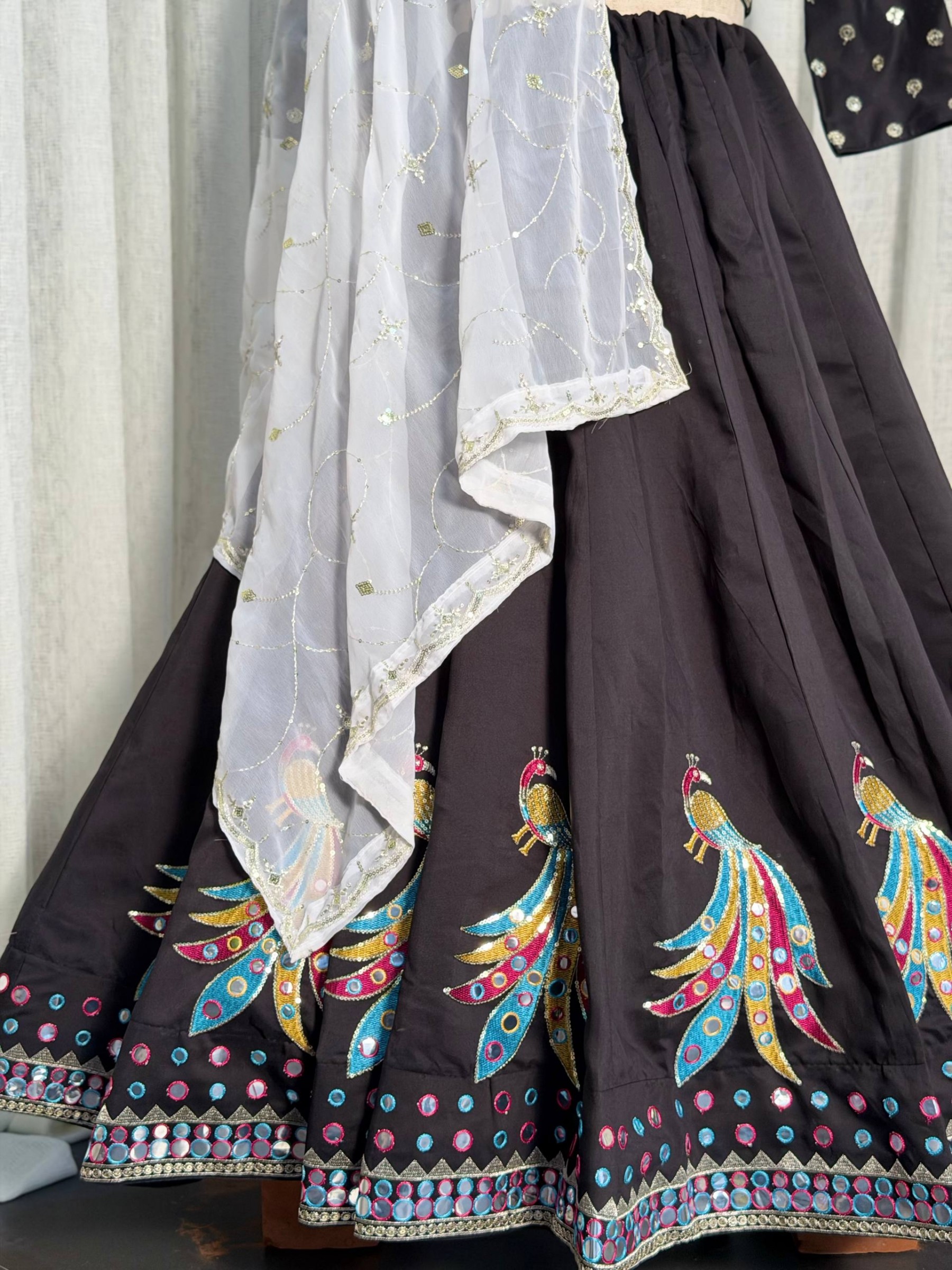 Premium Black Peacock Embroidered Lehenga Choli Set with Designer Net Dupatta for Women