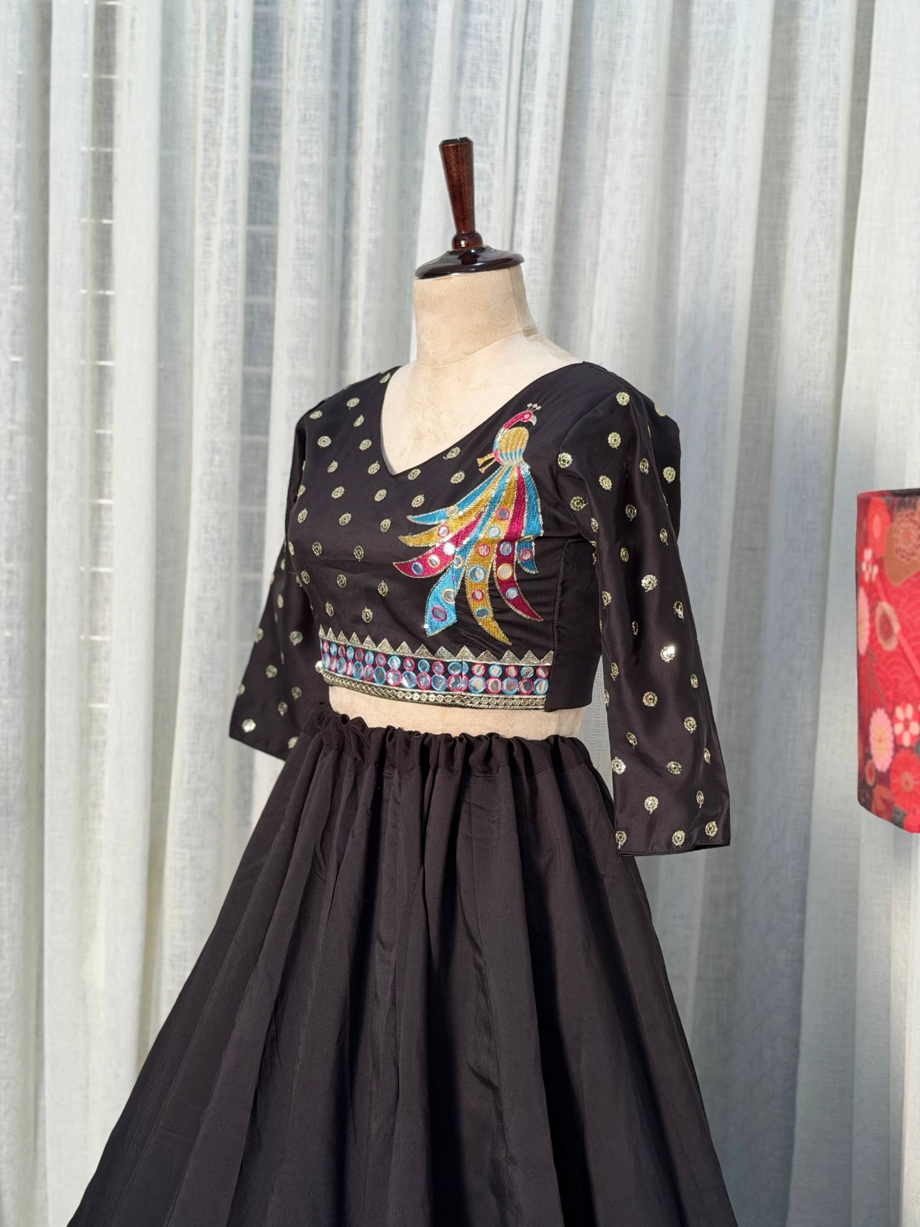Premium Black Peacock Embroidered Lehenga Choli Set with Designer Net Dupatta for Women