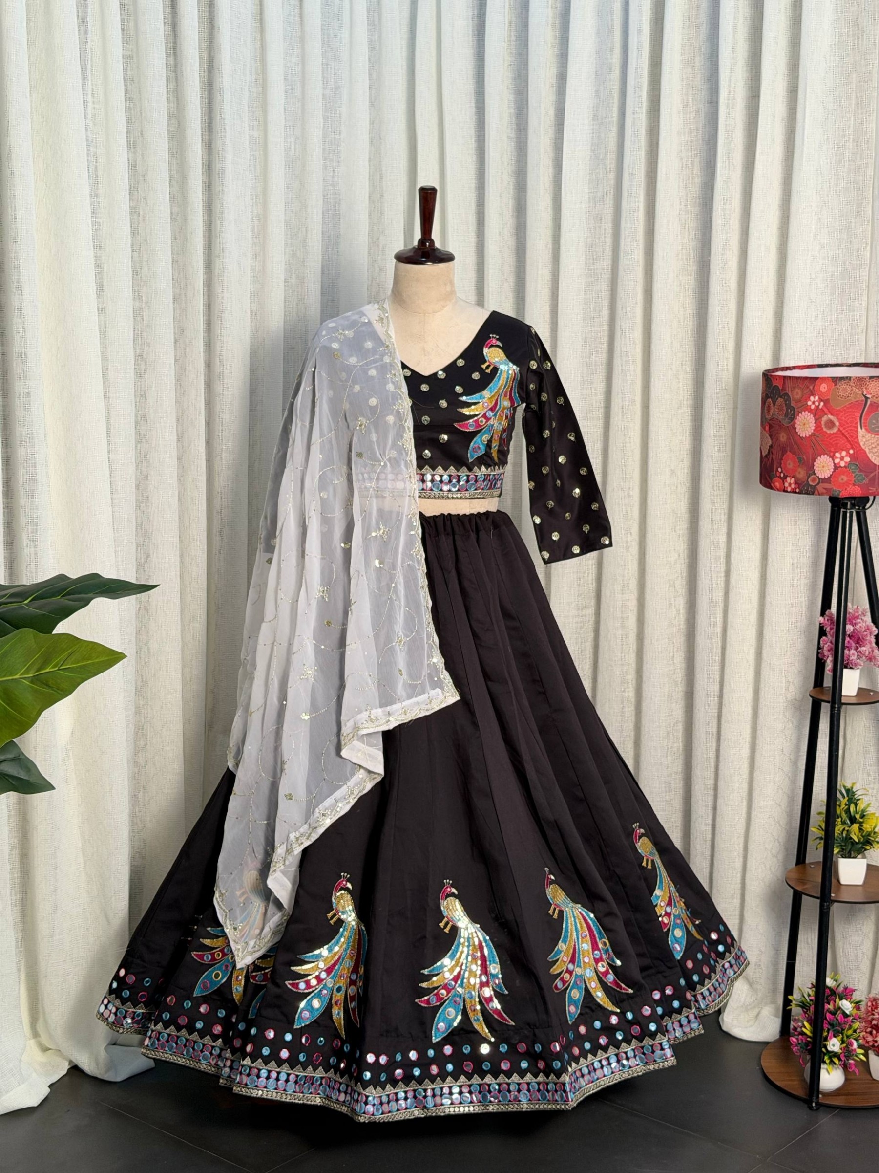 Premium Black Peacock Embroidered Lehenga Choli Set with Designer Net Dupatta for Women