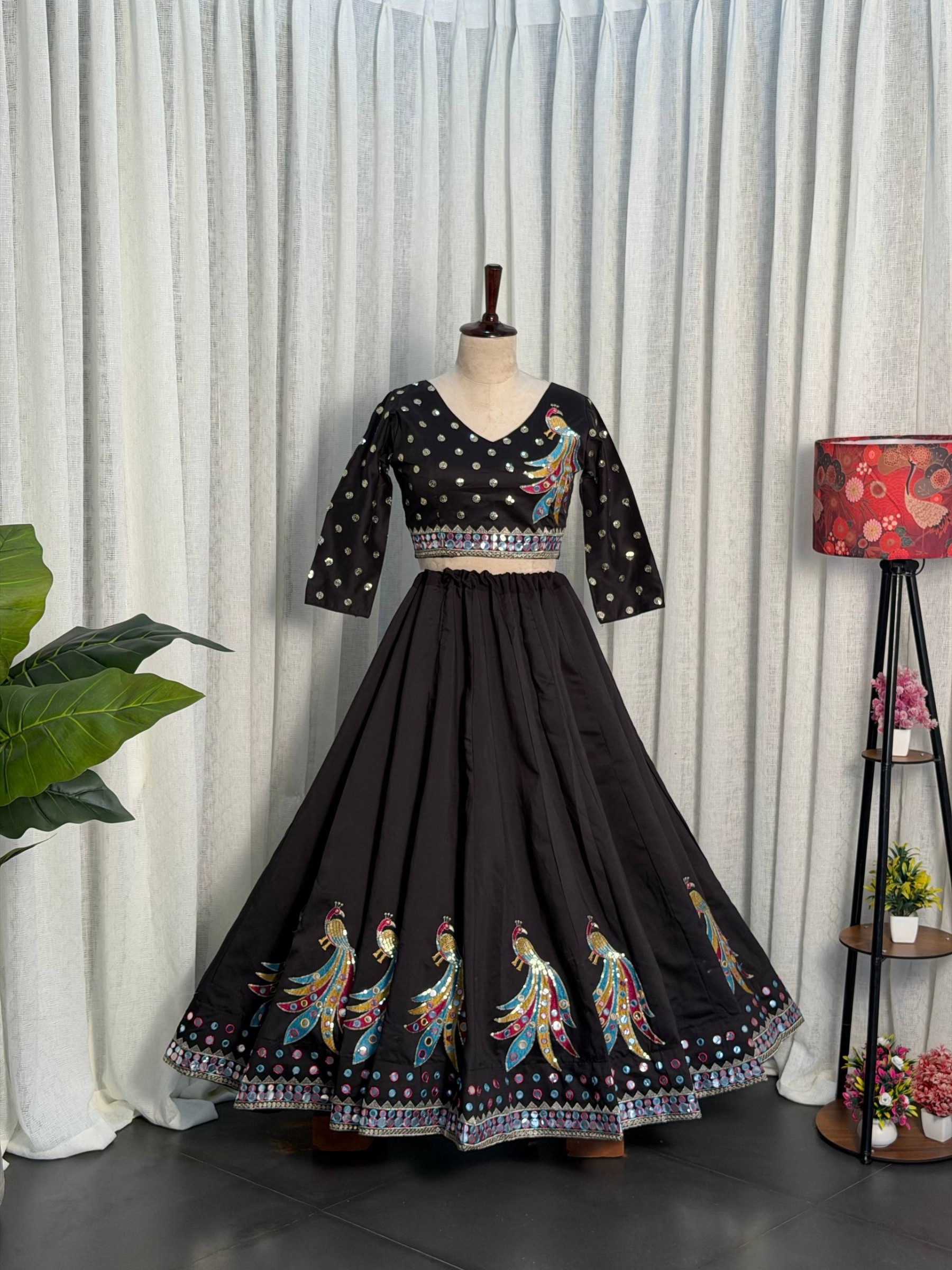 Premium Black Peacock Embroidered Lehenga Choli Set with Designer Net Dupatta for Women