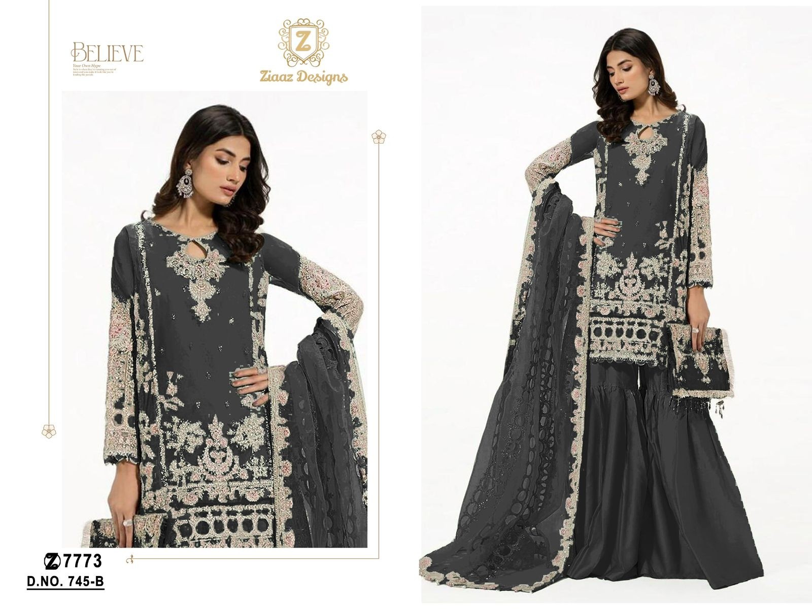 Ziaaz Designs  745 A and B semi stitched Pakistani Organza handwork moti work suit
