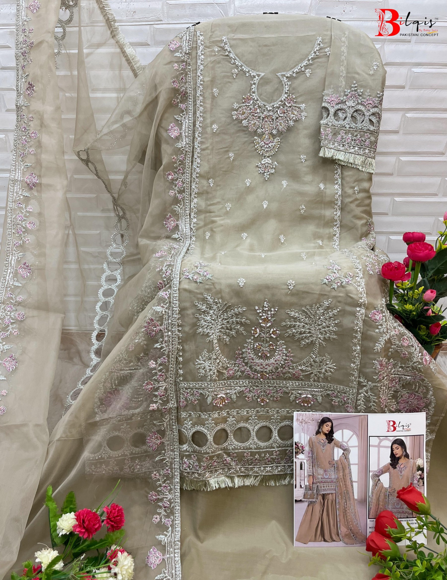 BILQIS 106 A TO D PAKISTANI ORGANZA HEAVY EMBROIDERED SUIT