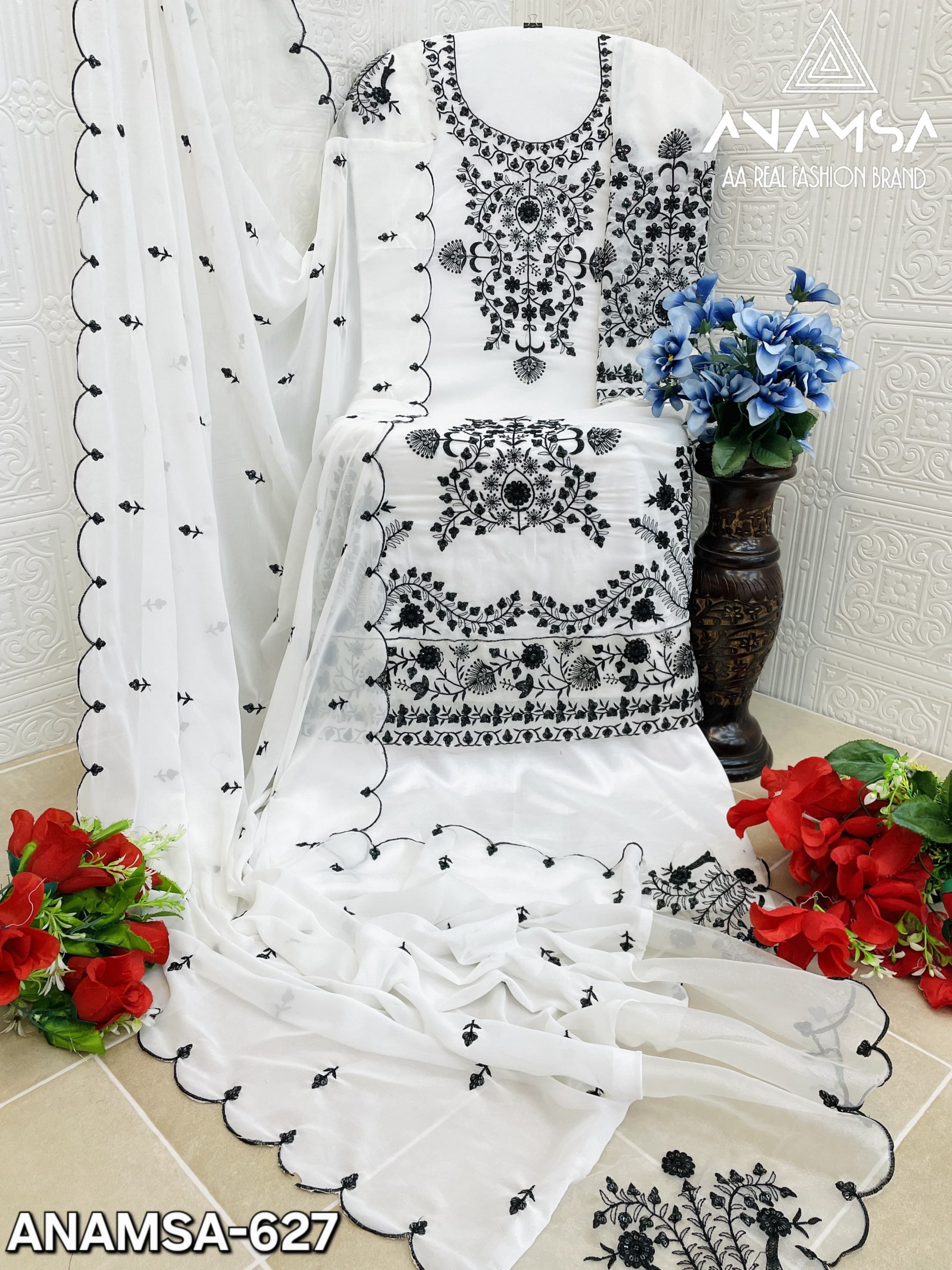 ANAMSA 627 WHITE COLOUR PAKISTANI EMBROIDERY WORK SUIT