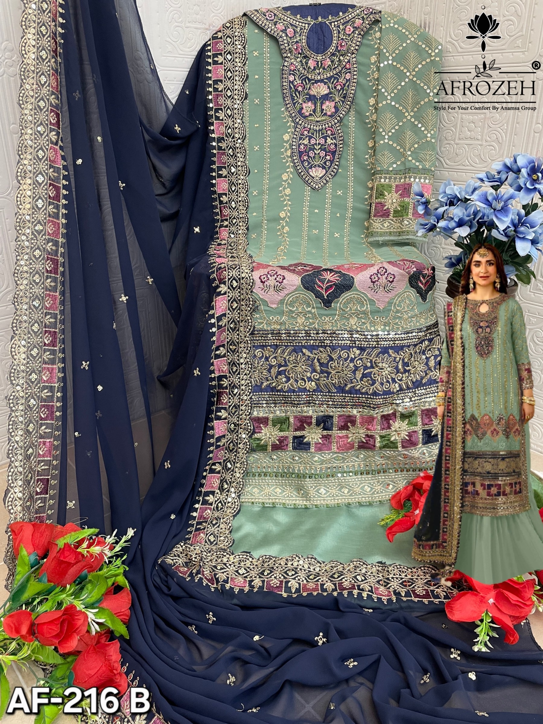AFROZEH 216 PAKISTANI PURE FOX GEORGETTE EMBROIDERED SUIT