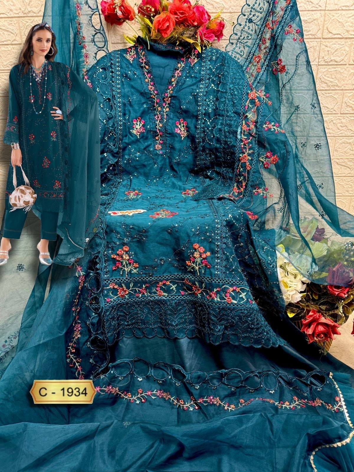  FEPIC ROSEMEEN 1934 PAKISTANI ORGANZA EMBROIDERED WITH HAND WORK