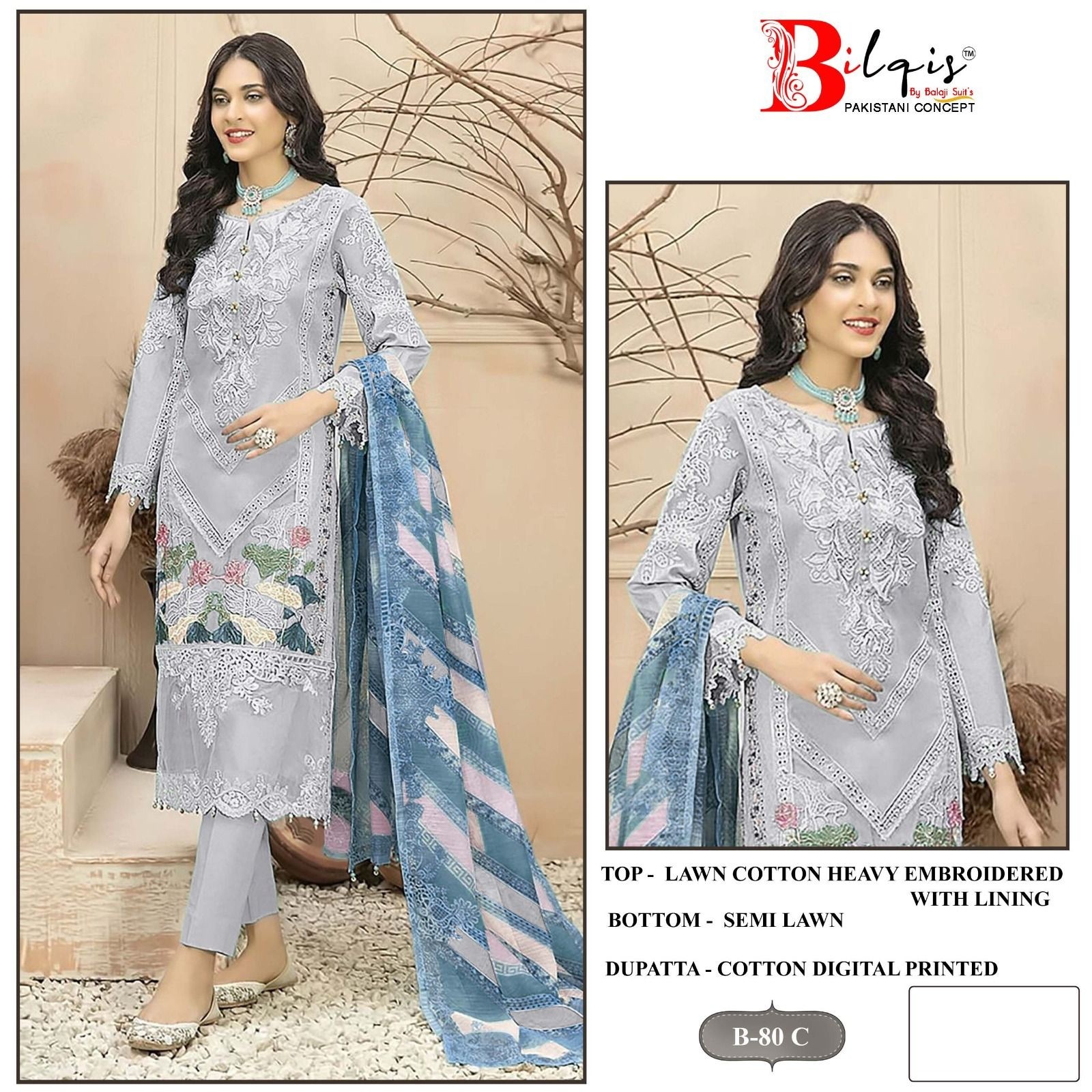BILQI B-80 A TO D CAMBRIC LAWN COTTON BORING HEAVY EMBROIDERED WITH LINING