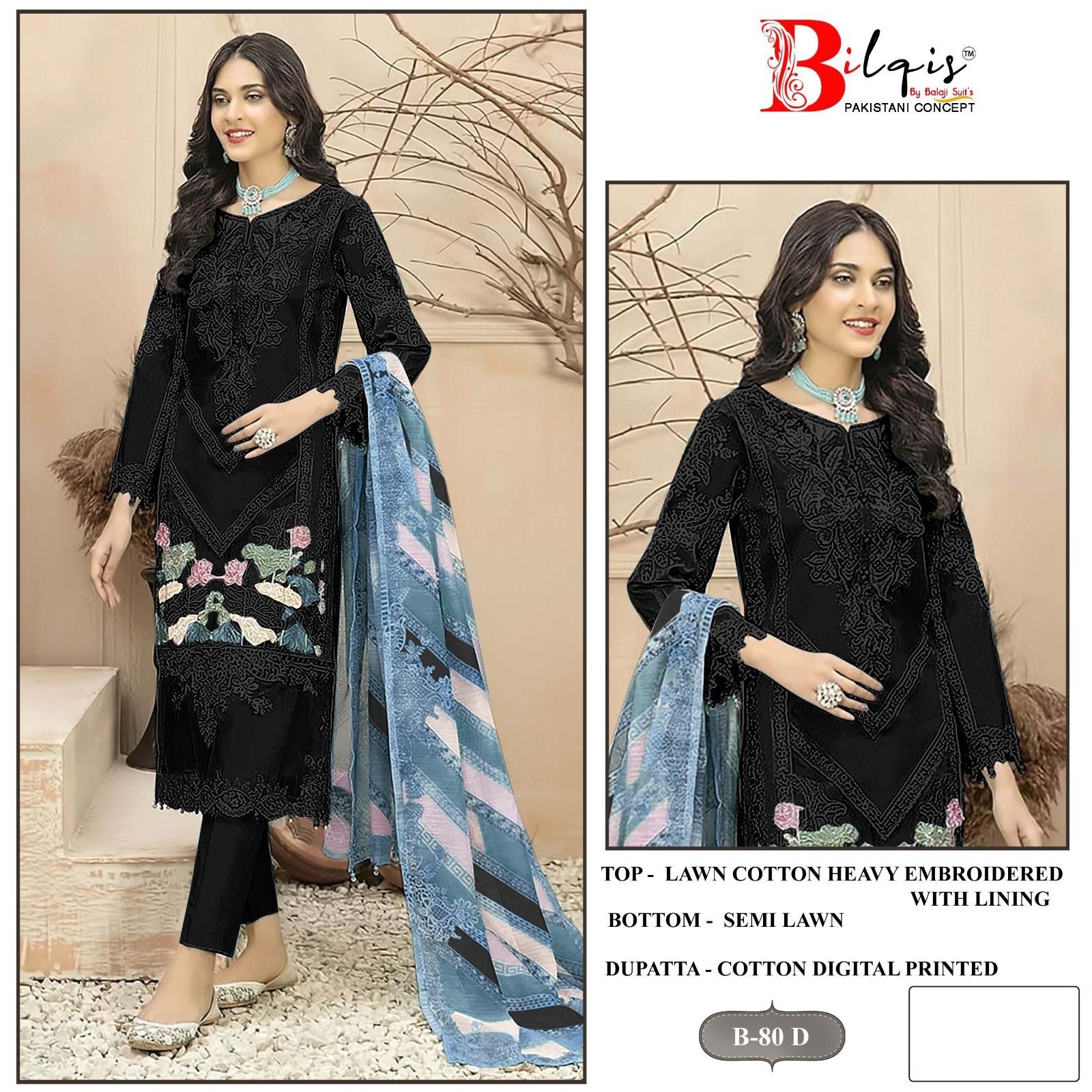 BILQI B-80 A TO D CAMBRIC LAWN COTTON BORING HEAVY EMBROIDERED WITH LINING