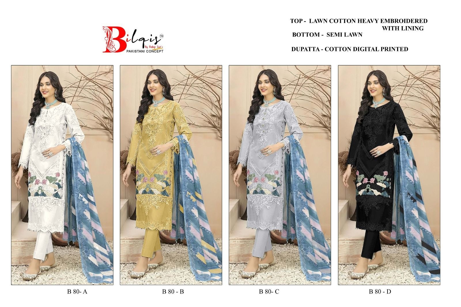BILQI B-80 A TO D CAMBRIC LAWN COTTON BORING HEAVY EMBROIDERED WITH LINING