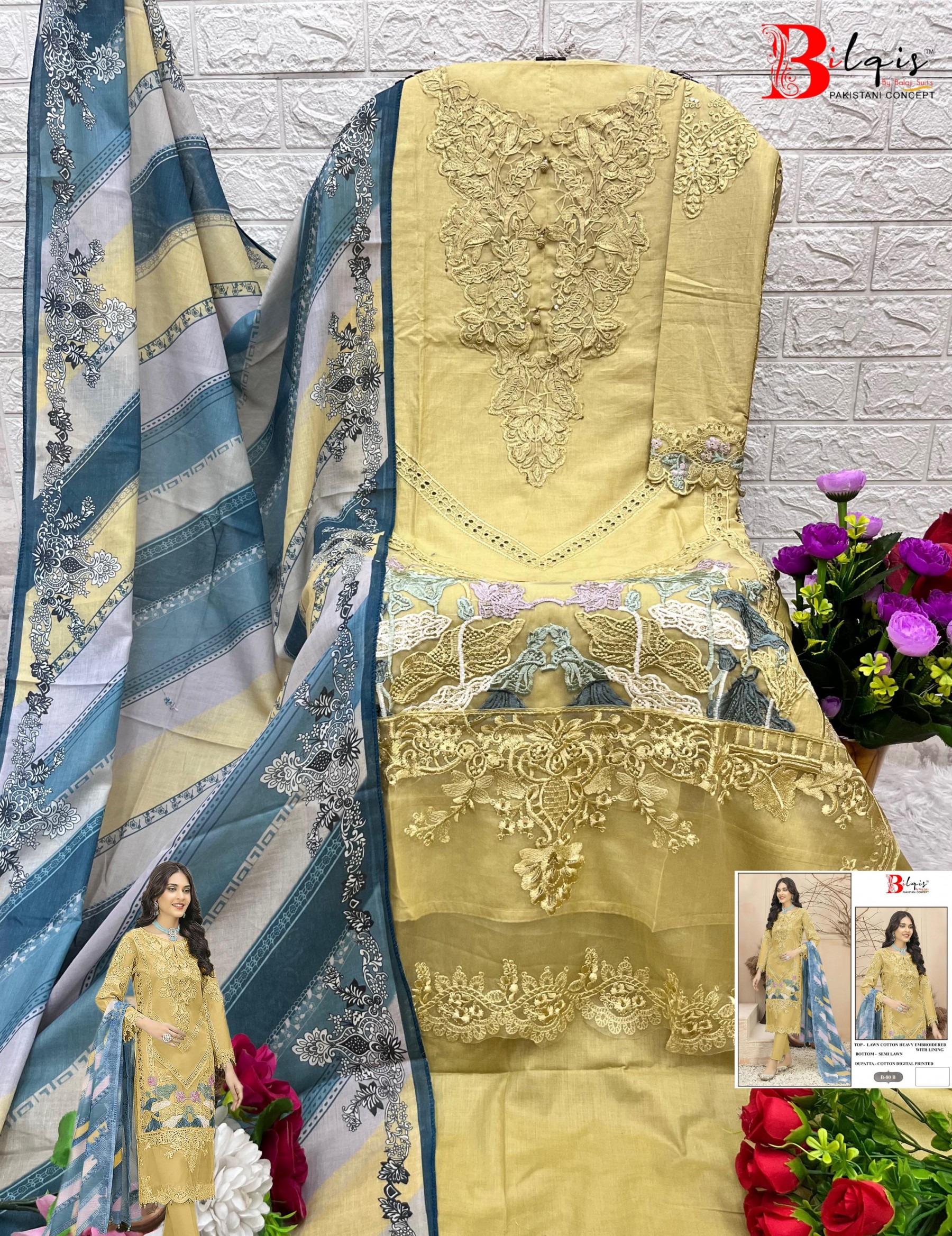 BILQI B-80 A TO D CAMBRIC LAWN COTTON BORING HEAVY EMBROIDERED WITH LINING