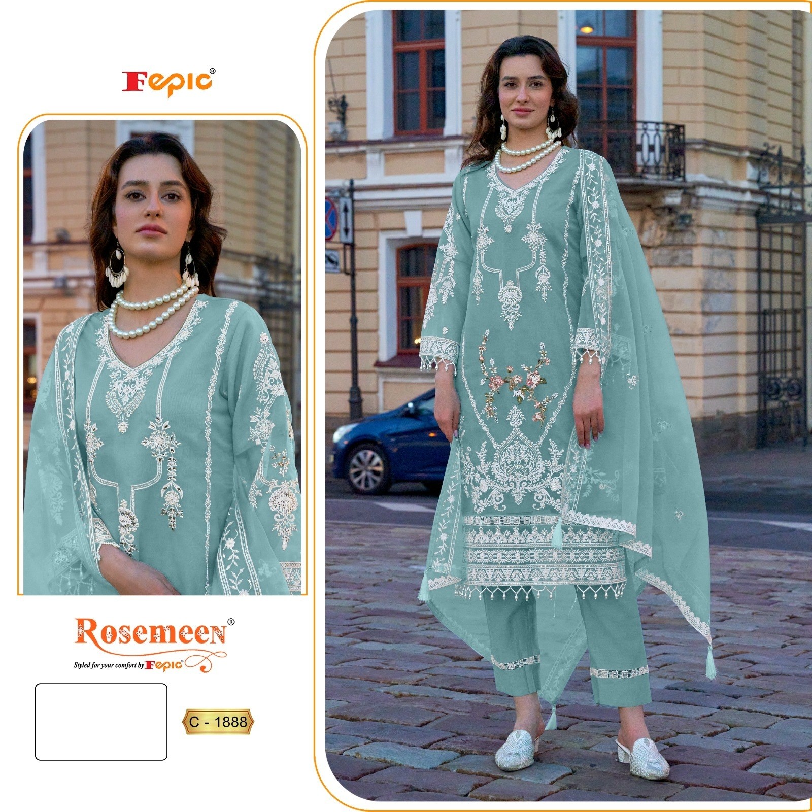 FEPIC ROSEMEEN 1888 HEAVYORGANZA  WITH EMBROIDERED WORK PAKISTANI FESTTIVAL SUIT