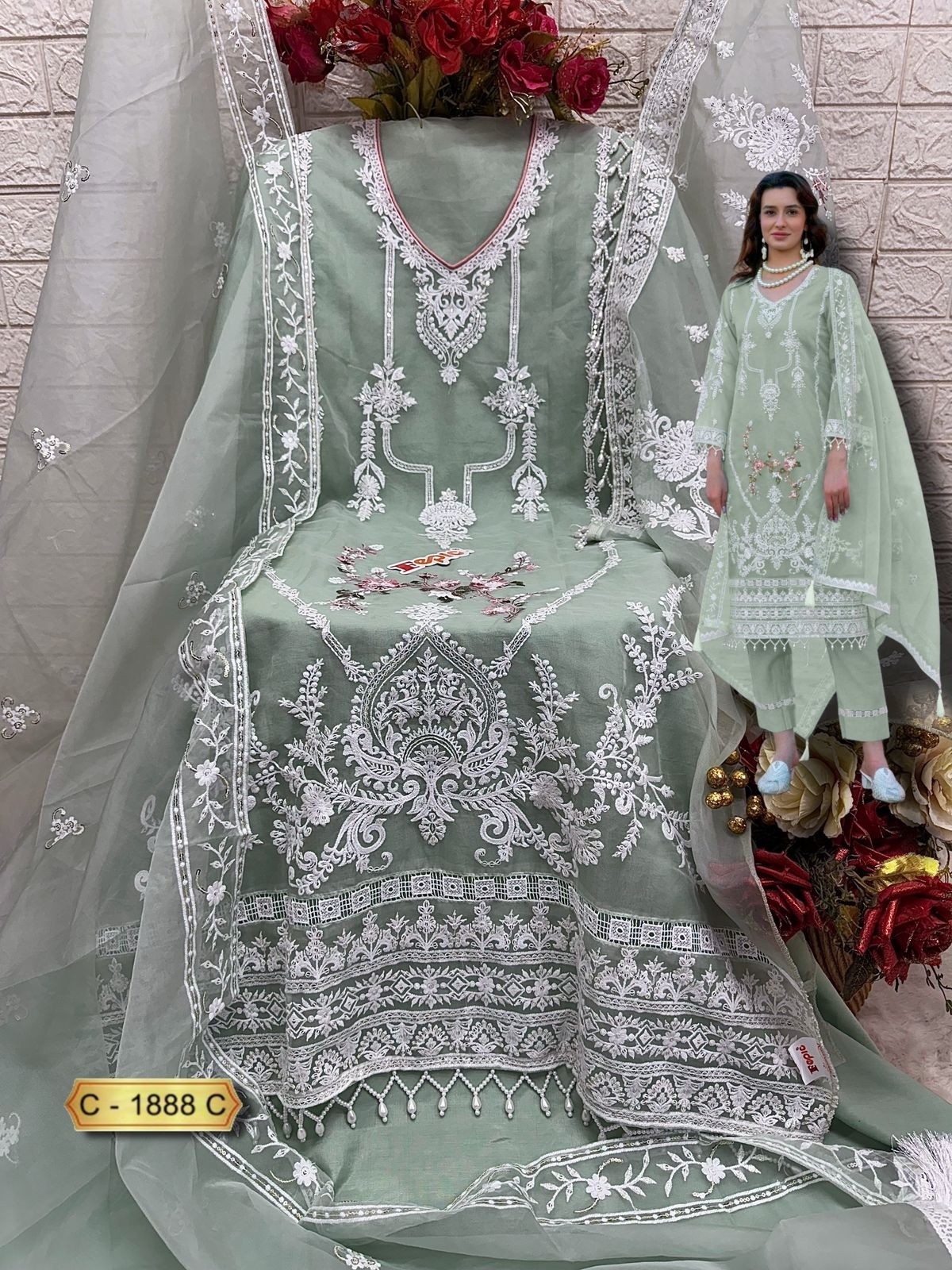 FEPIC ROSEMEEN 1888 HEAVYORGANZA  WITH EMBROIDERED WORK PAKISTANI FESTTIVAL SUIT