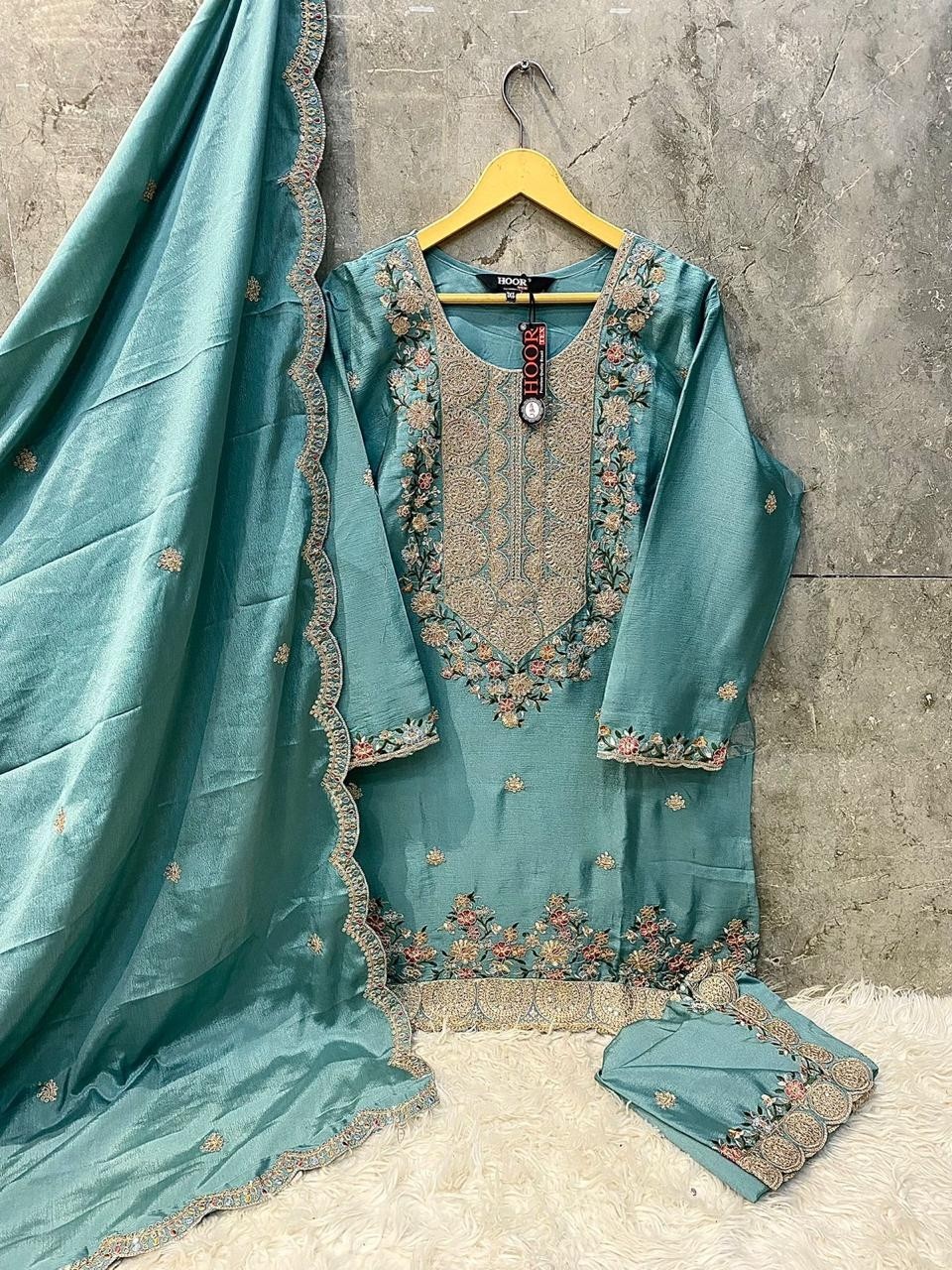 HOOR TEX  HF-109,A To D READY MADE PAKISTANI CHINON SILK SHARARA SUIT